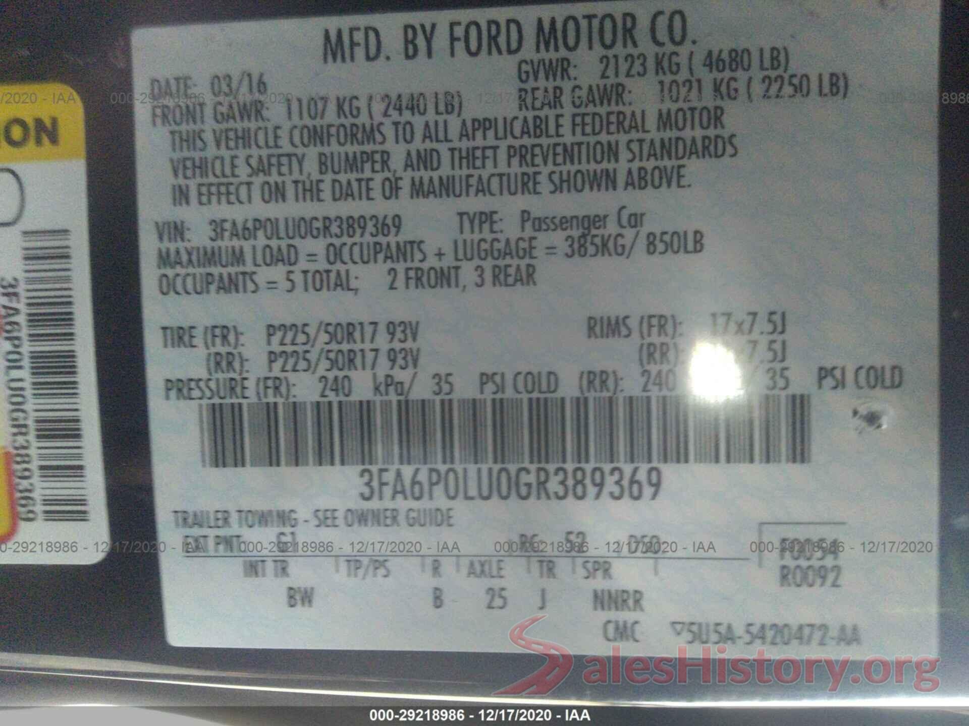 3FA6P0LU0GR389369 2016 FORD FUSION