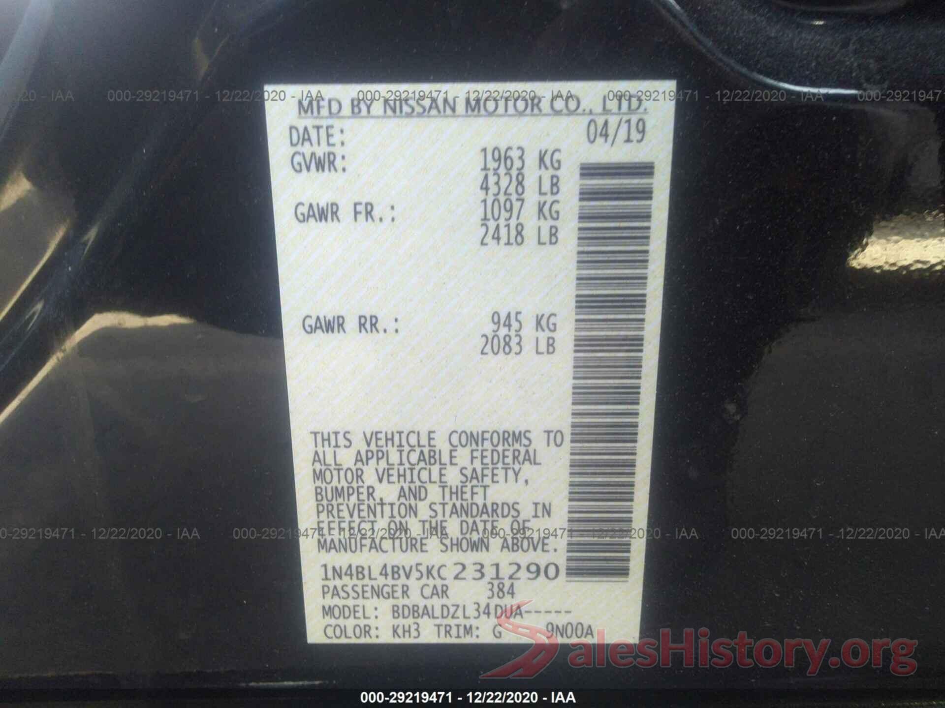 1N4BL4BV5KC231290 2019 NISSAN ALTIMA