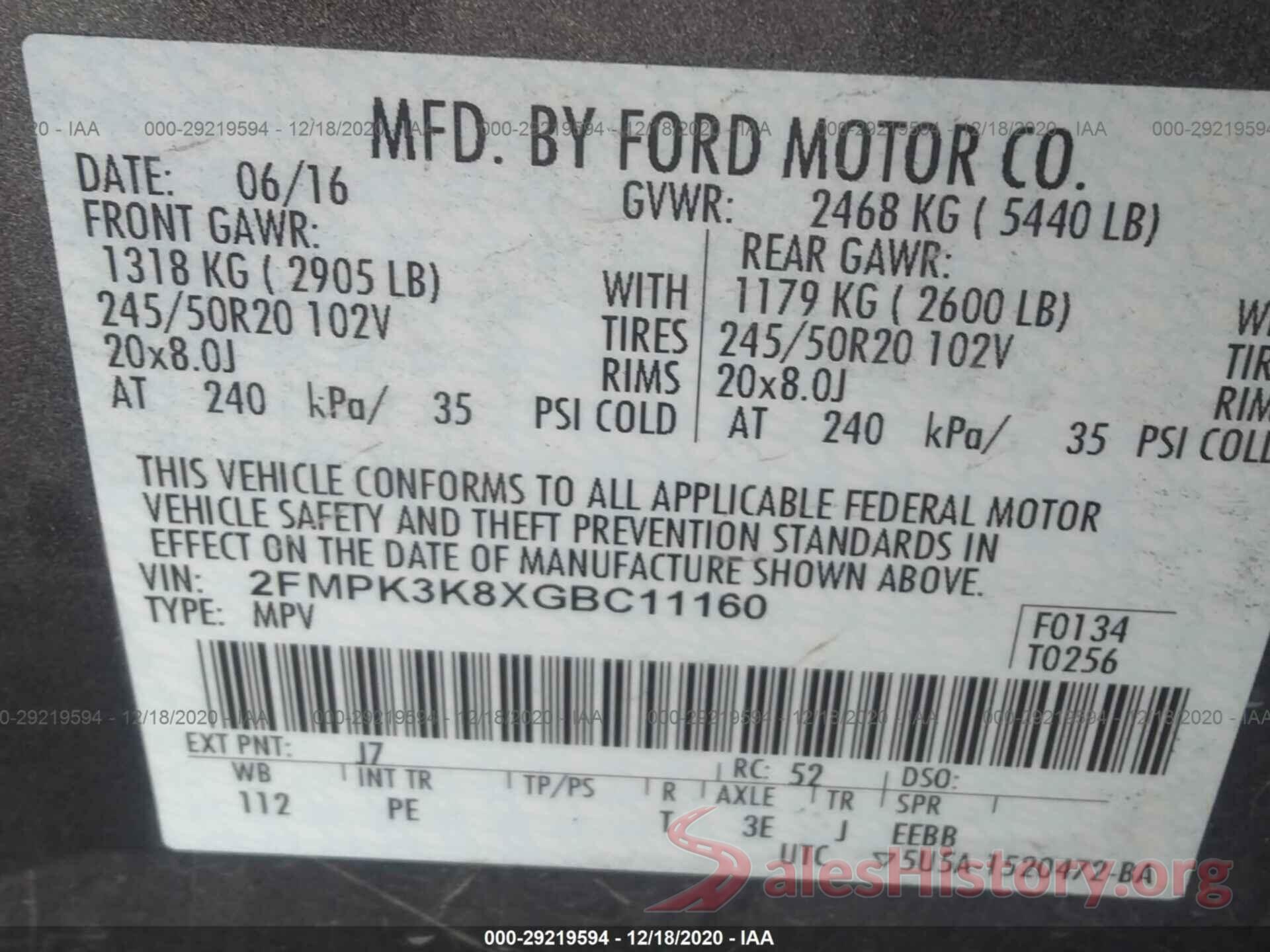 2FMPK3K8XGBC11160 2016 FORD EDGE