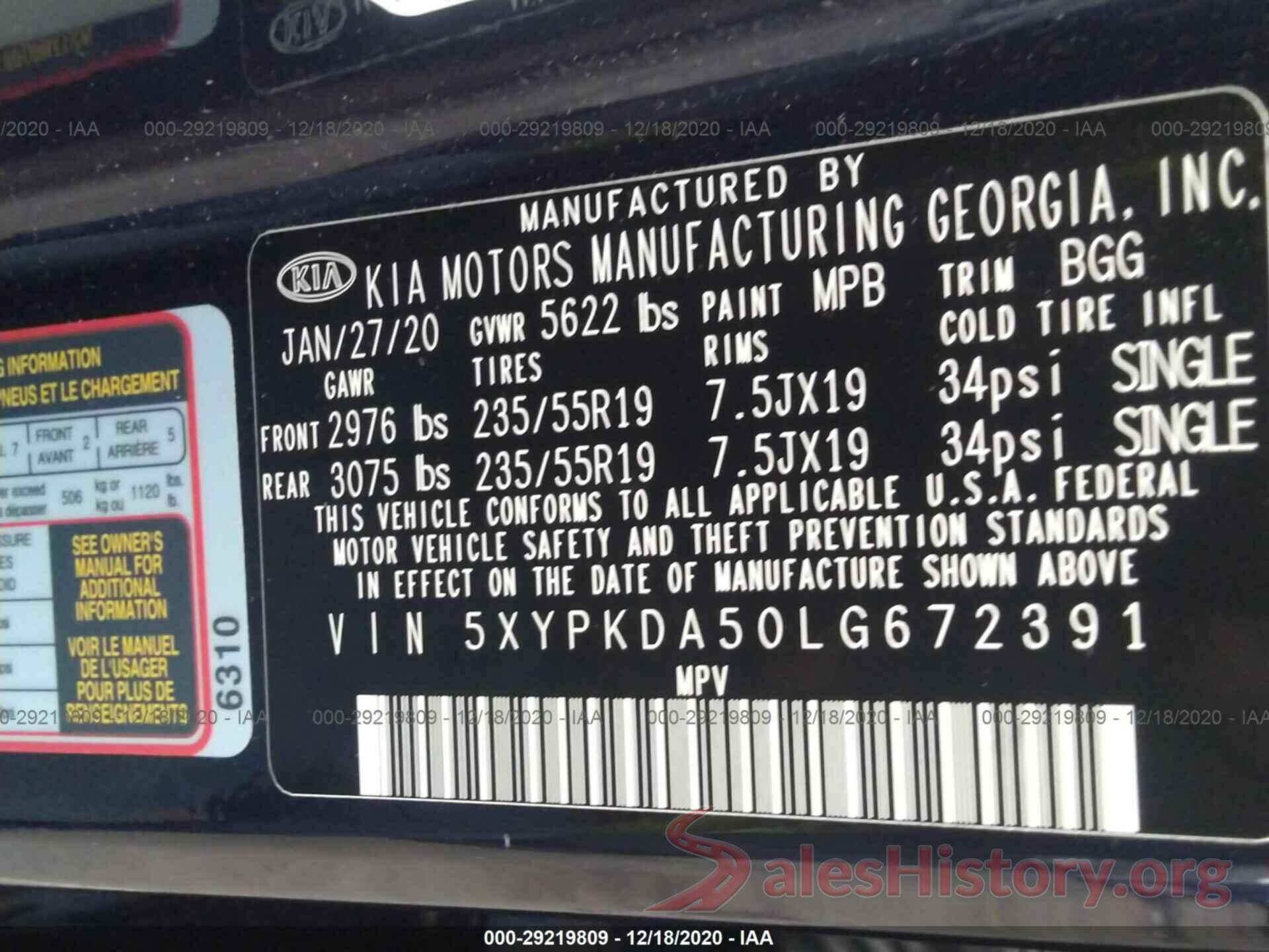 5XYPKDA50LG672391 2020 KIA SORENTO