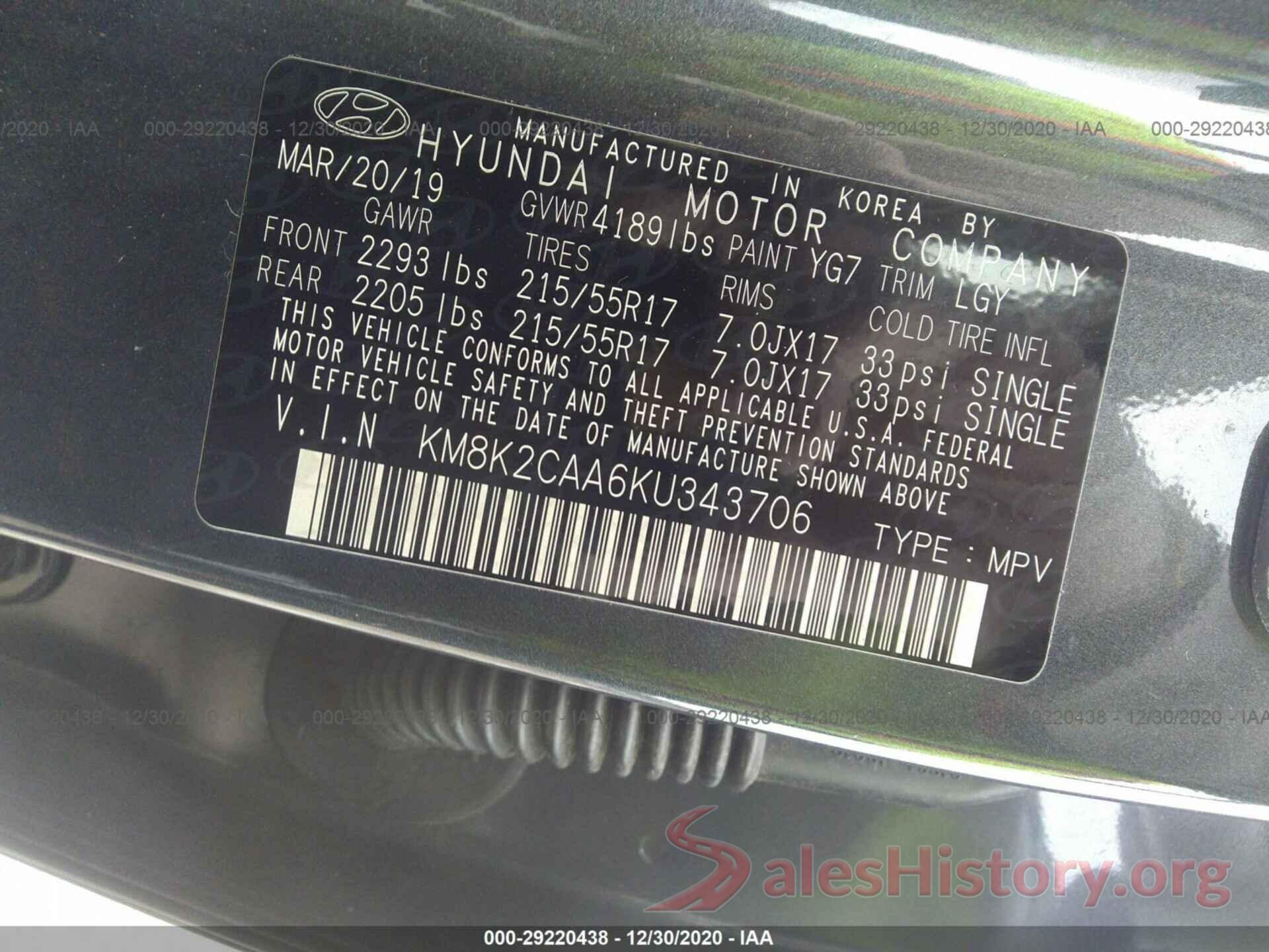 KM8K2CAA6KU343706 2019 HYUNDAI KONA