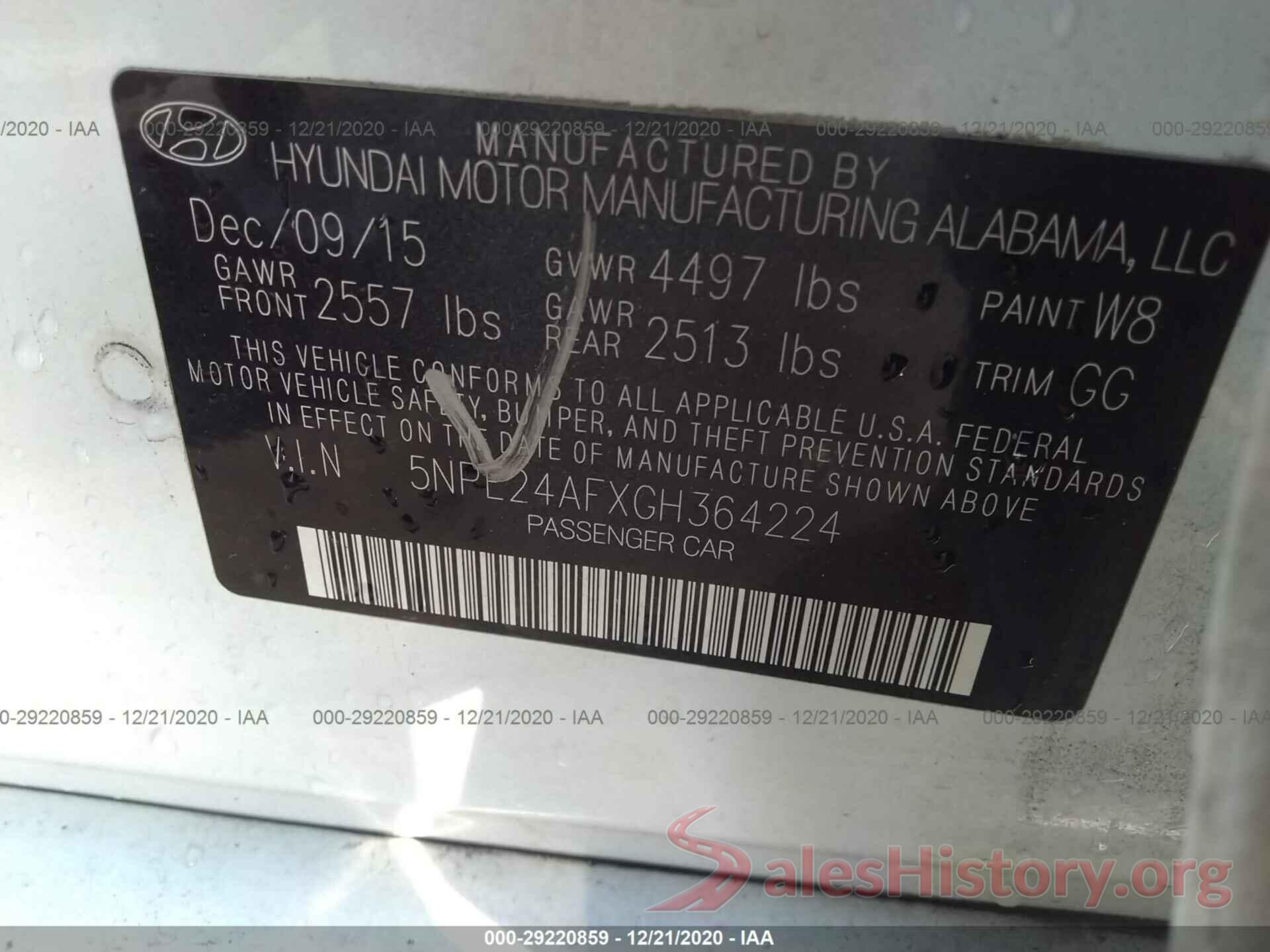 5NPE24AFXGH364224 2016 HYUNDAI SONATA