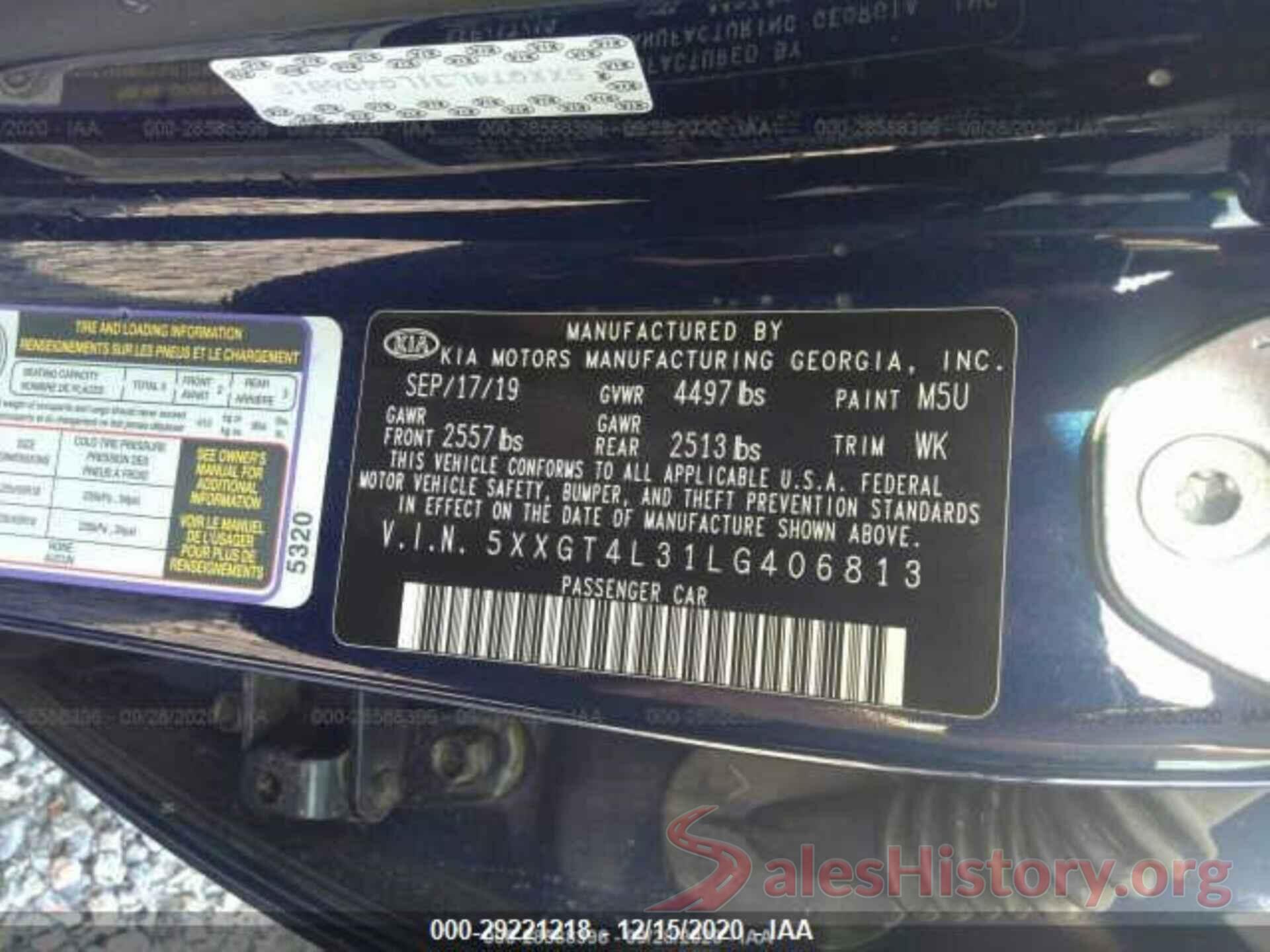 5XXGT4L31LG406813 2020 KIA OPTIMA