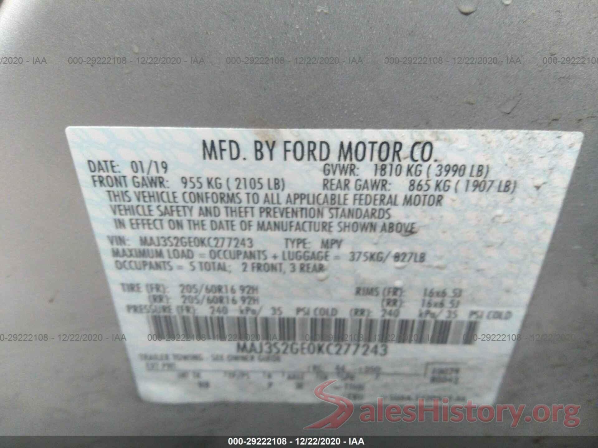 MAJ3S2GE0KC277243 2019 FORD ECOSPORT