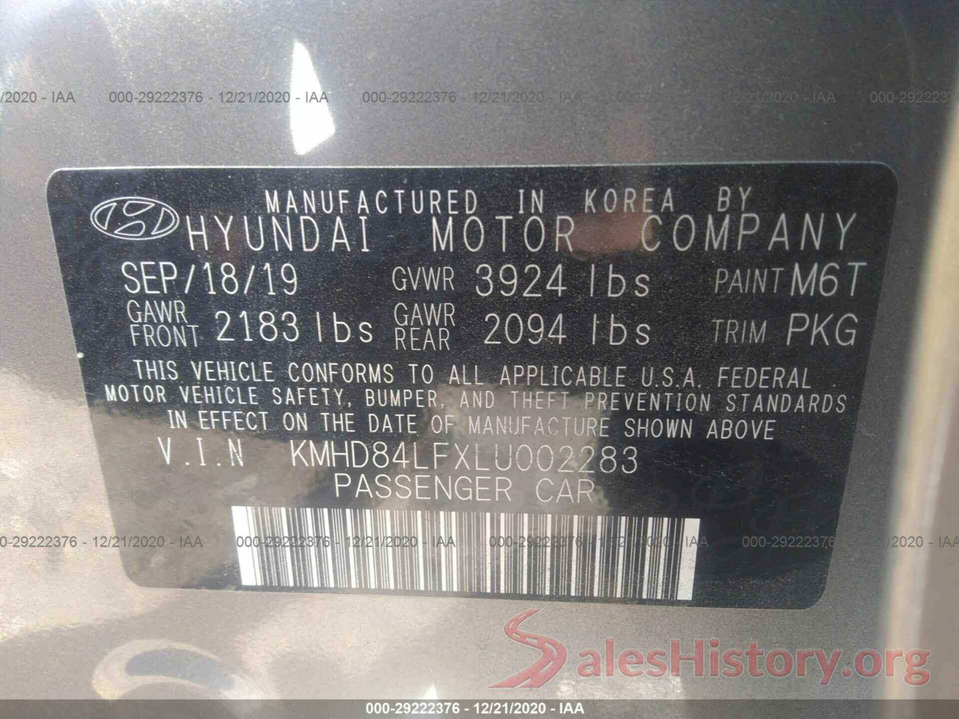 KMHD84LFXLU002283 2020 HYUNDAI ELANTRA