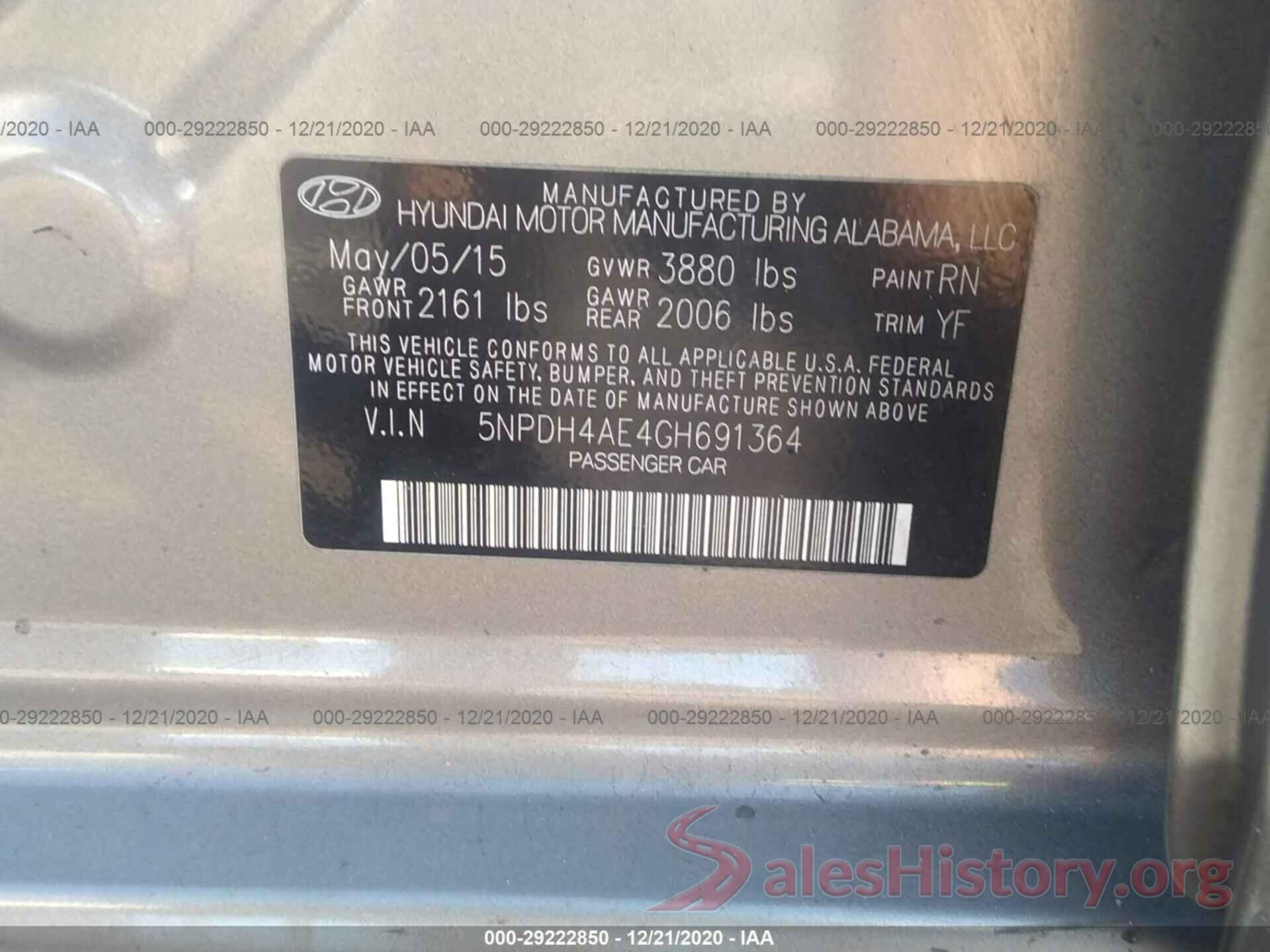 5NPDH4AE4GH691364 2016 HYUNDAI ELANTRA