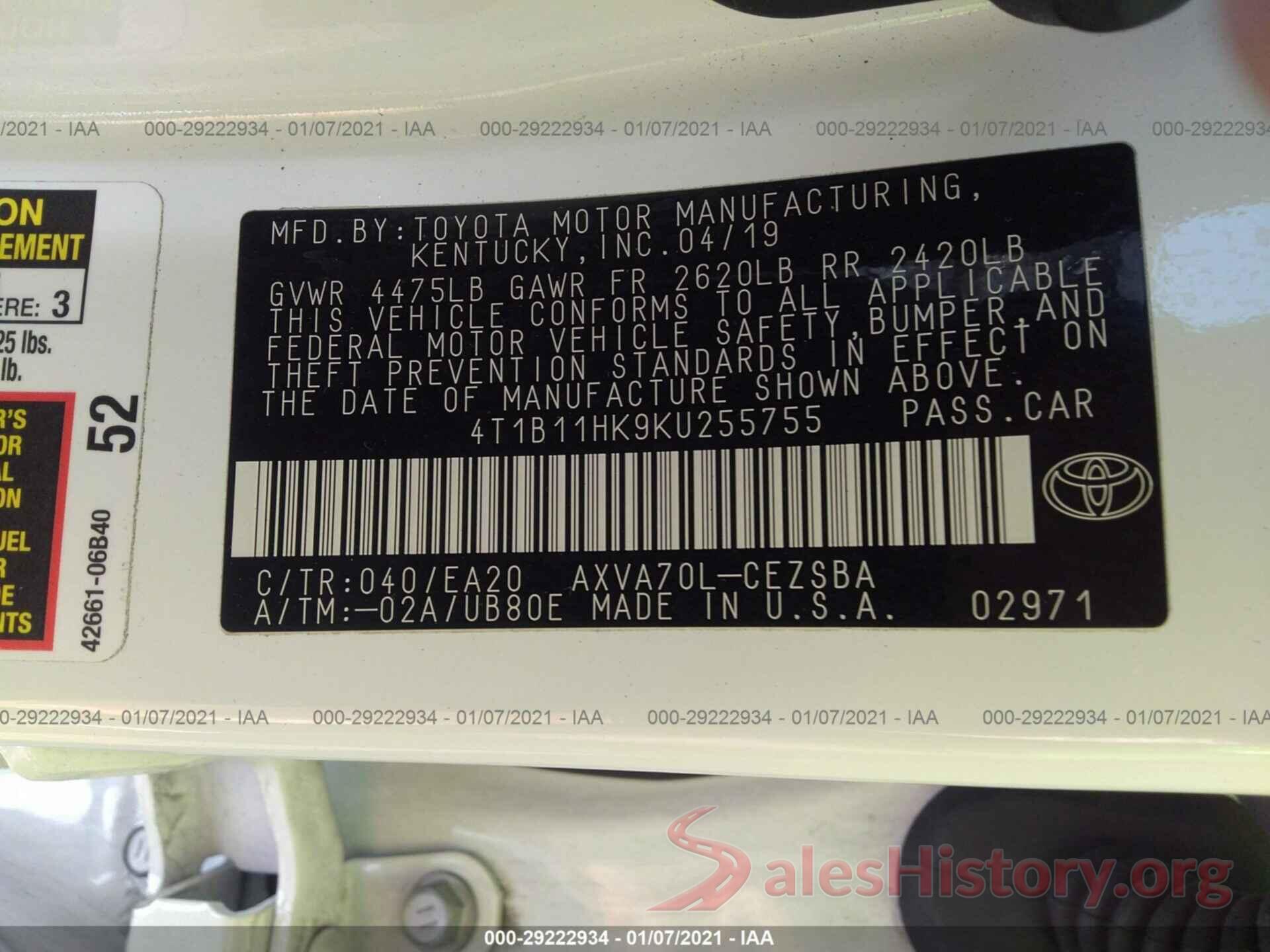 4T1B11HK9KU255755 2019 TOYOTA CAMRY