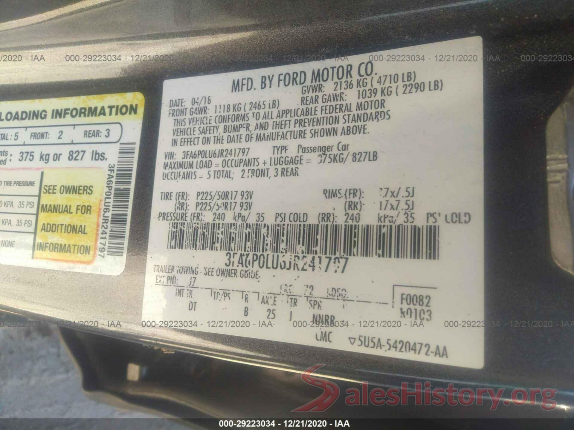 3FA6P0LU6JR241797 2018 FORD FUSION HYBRID