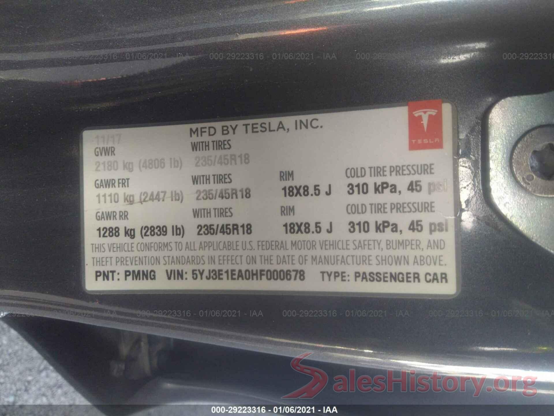 5YJ3E1EA0HF000678 2017 TESLA MODEL 3