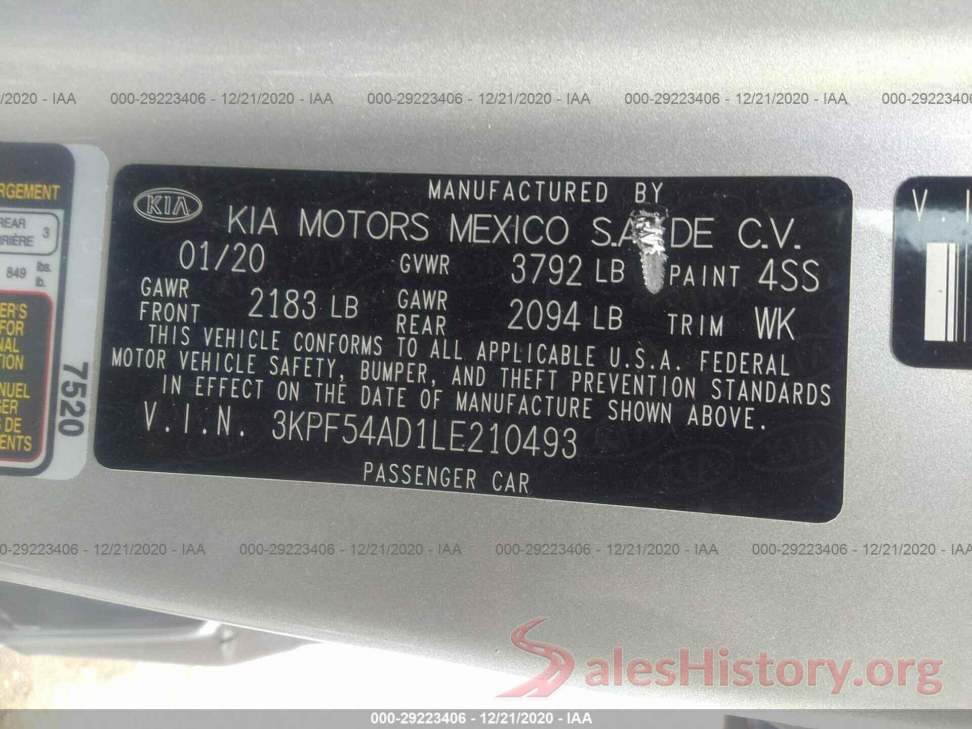 3KPF54AD1LE210493 2020 KIA FORTE