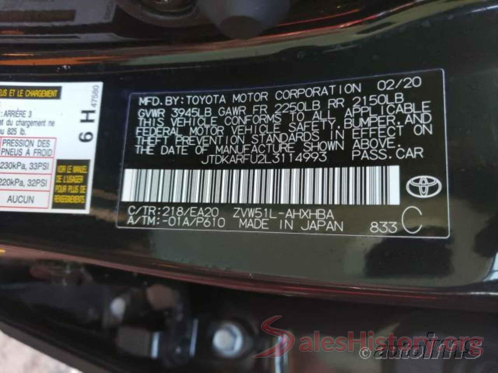 JTDKARFU2L3114993 2020 TOYOTA PRIUS