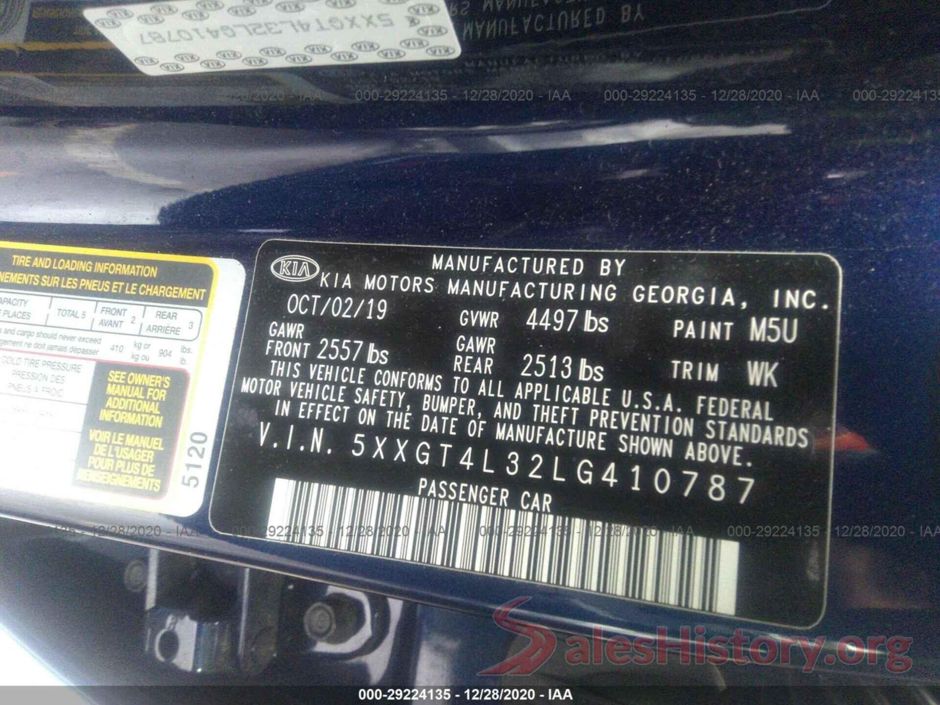 5XXGT4L32LG410787 2020 KIA OPTIMA