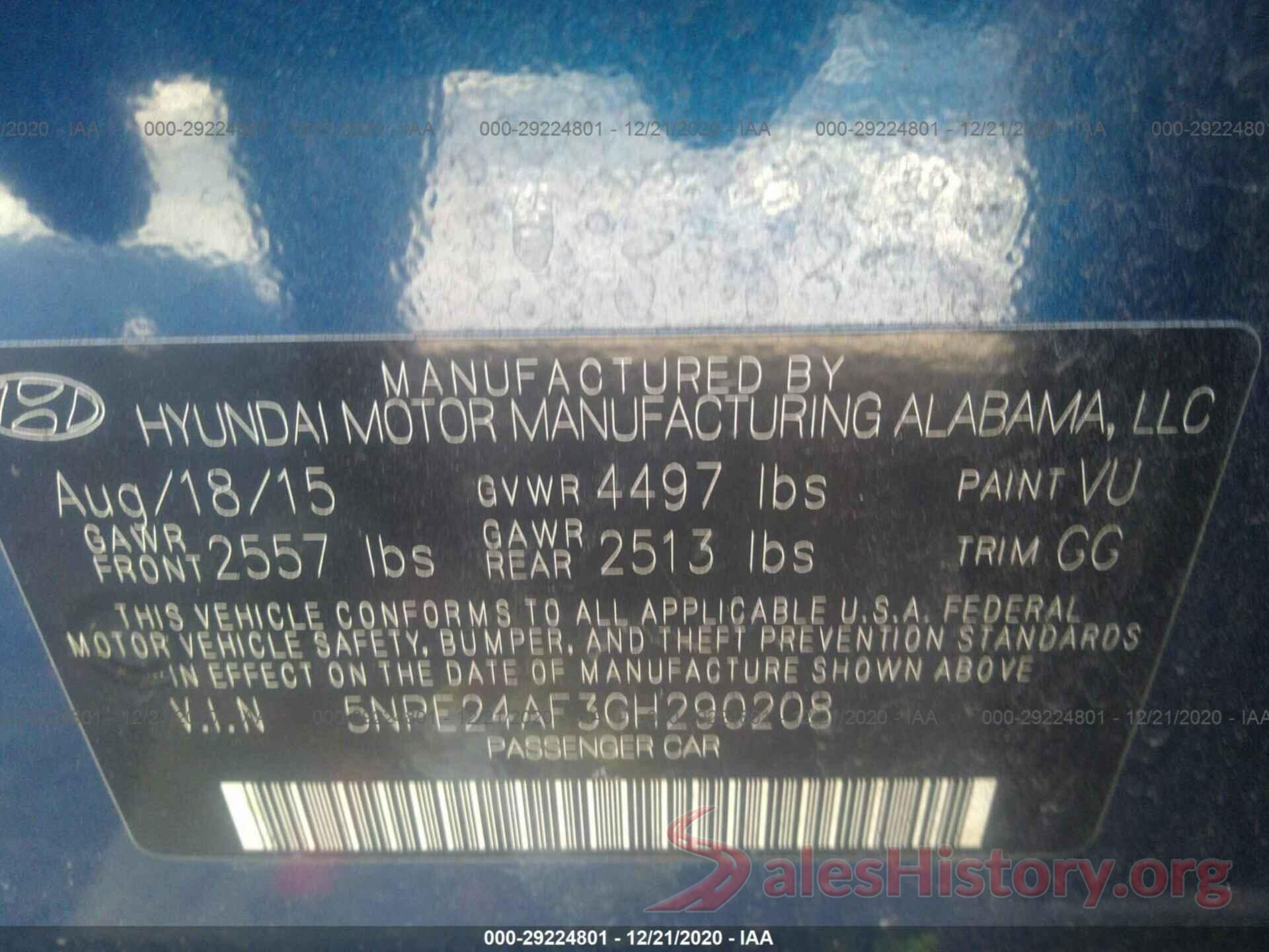 5NPE24AF3GH290208 2016 HYUNDAI SONATA