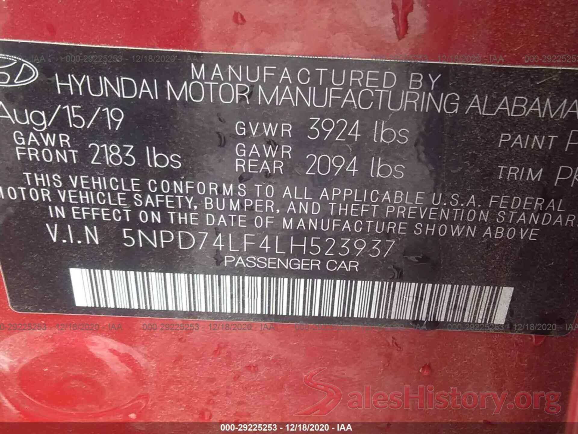 5NPD74LF4LH523937 2020 HYUNDAI ELANTRA