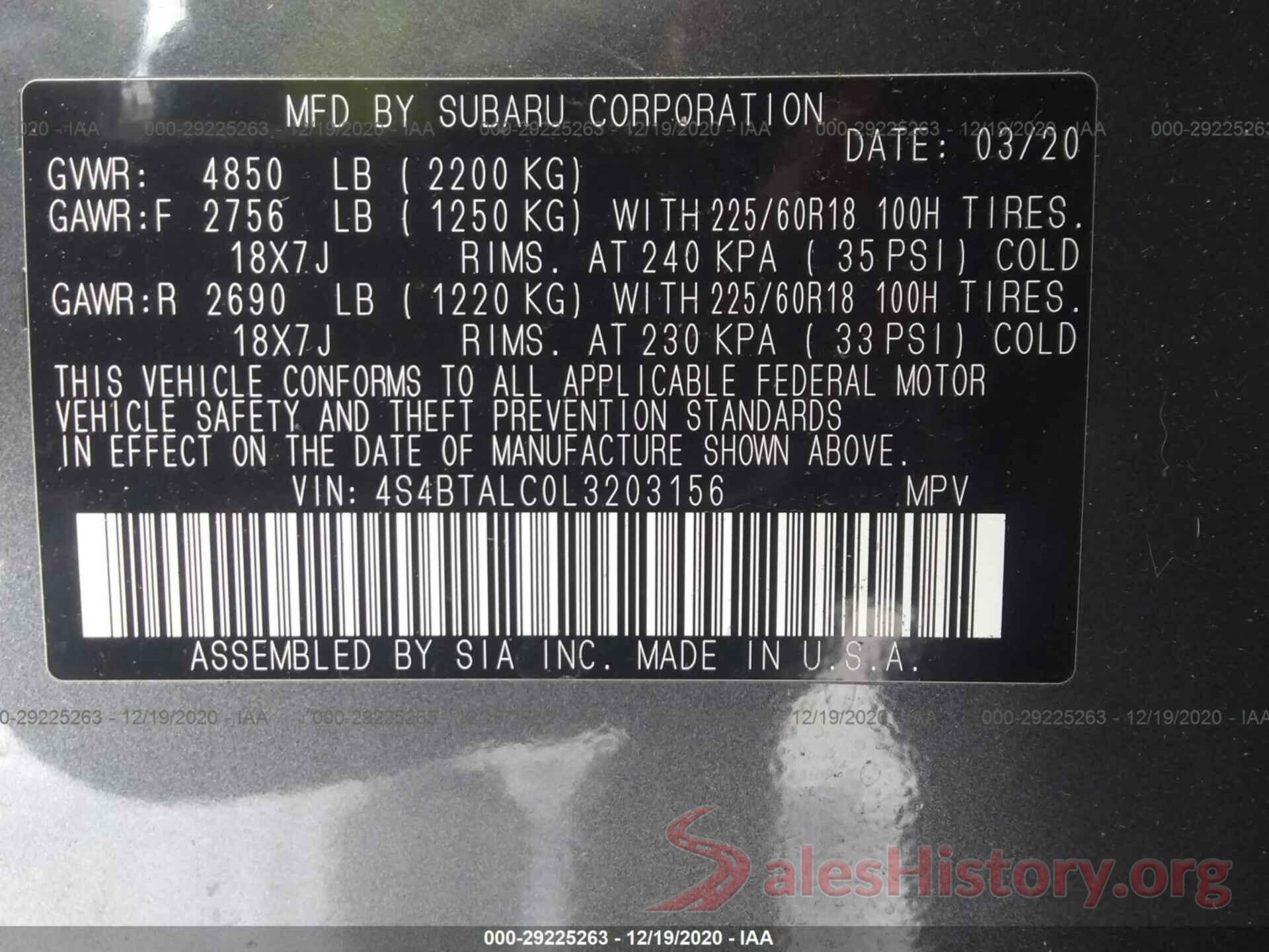 4S4BTALC0L3203156 2020 SUBARU OUTBACK