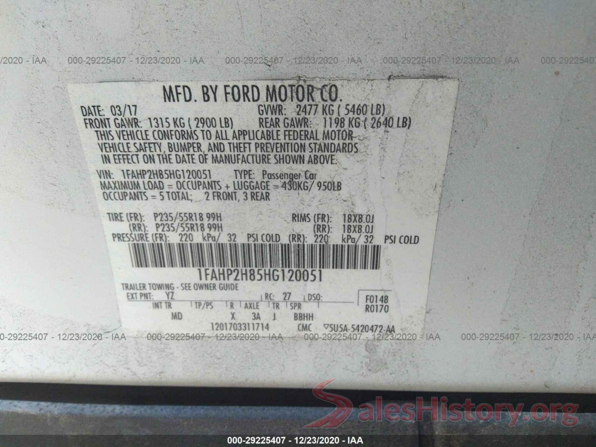 1FAHP2H85HG120051 2017 FORD TAURUS