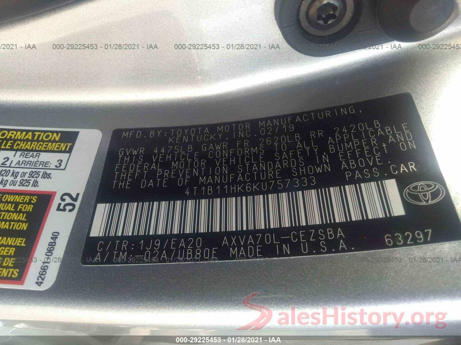 4T1B11HK6KU757333 2019 TOYOTA CAMRY