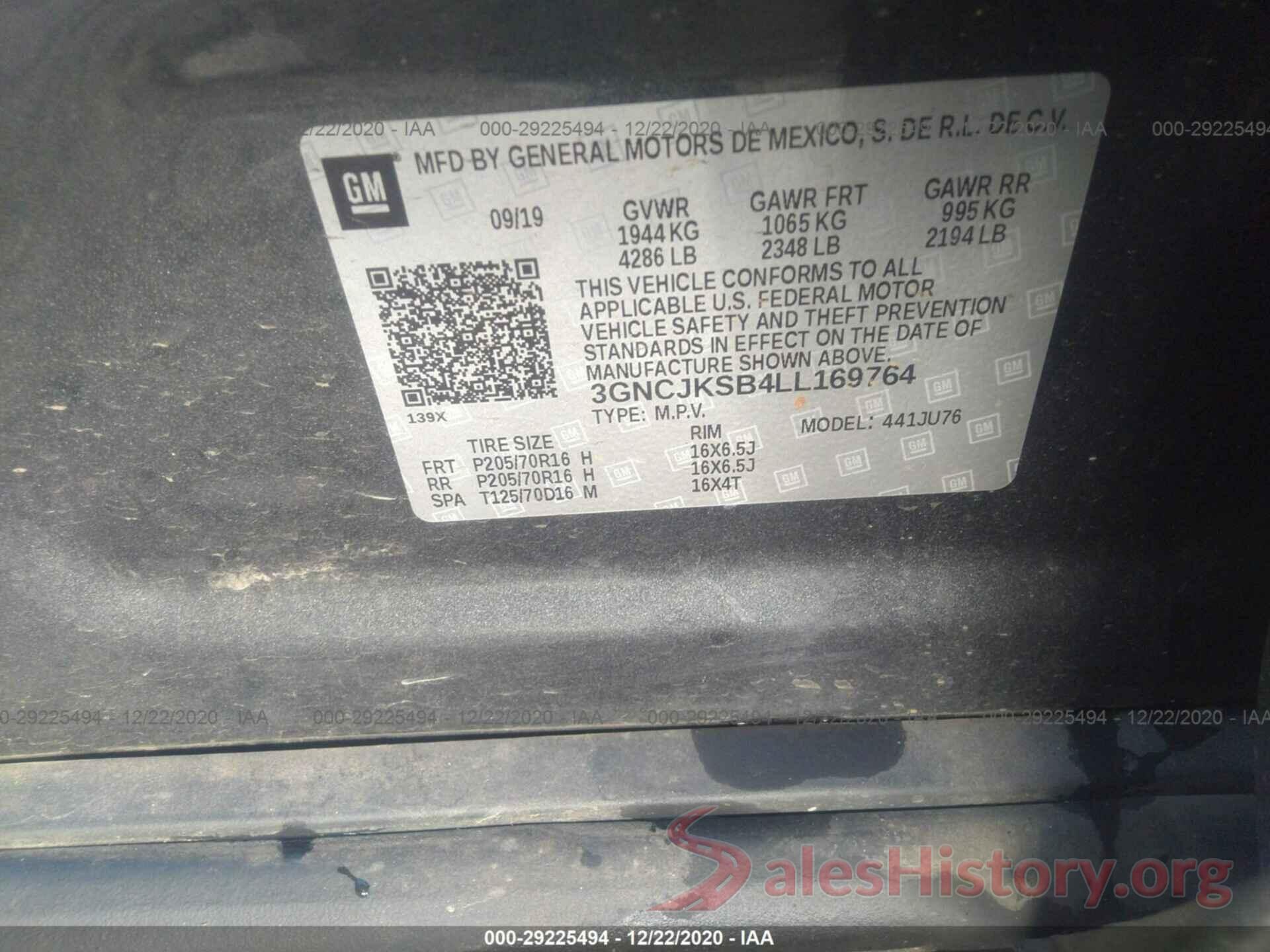 3GNCJKSB4LL169764 2020 CHEVROLET TRAX