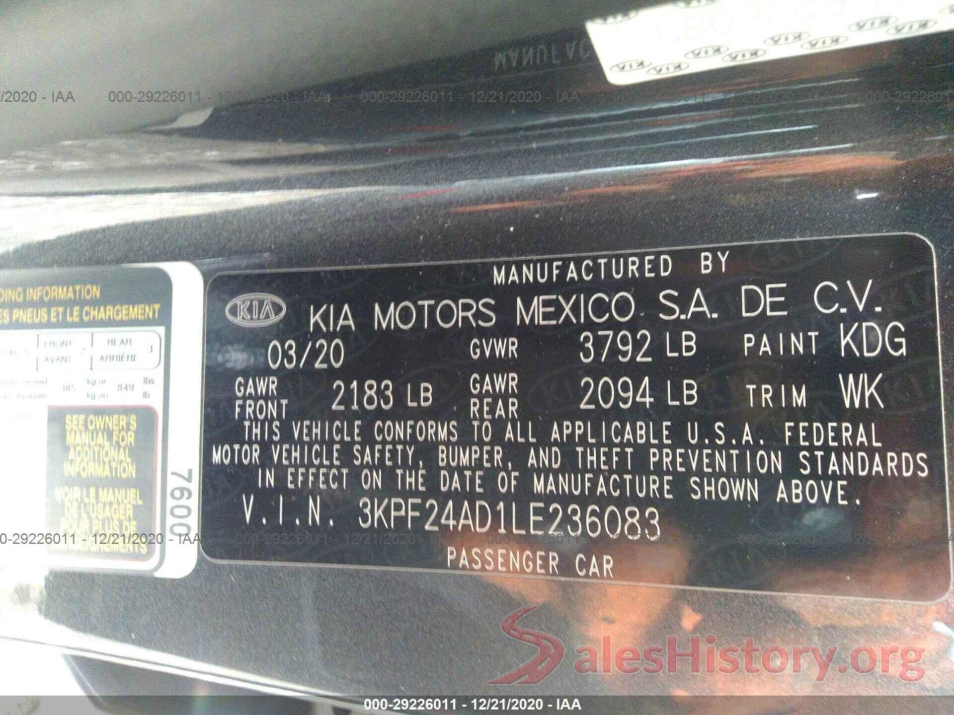 3KPF24AD1LE236083 2020 KIA FORTE