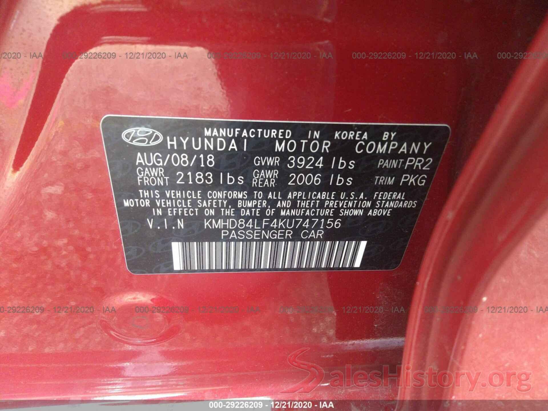 KMHD84LF4KU747156 2019 HYUNDAI ELANTRA