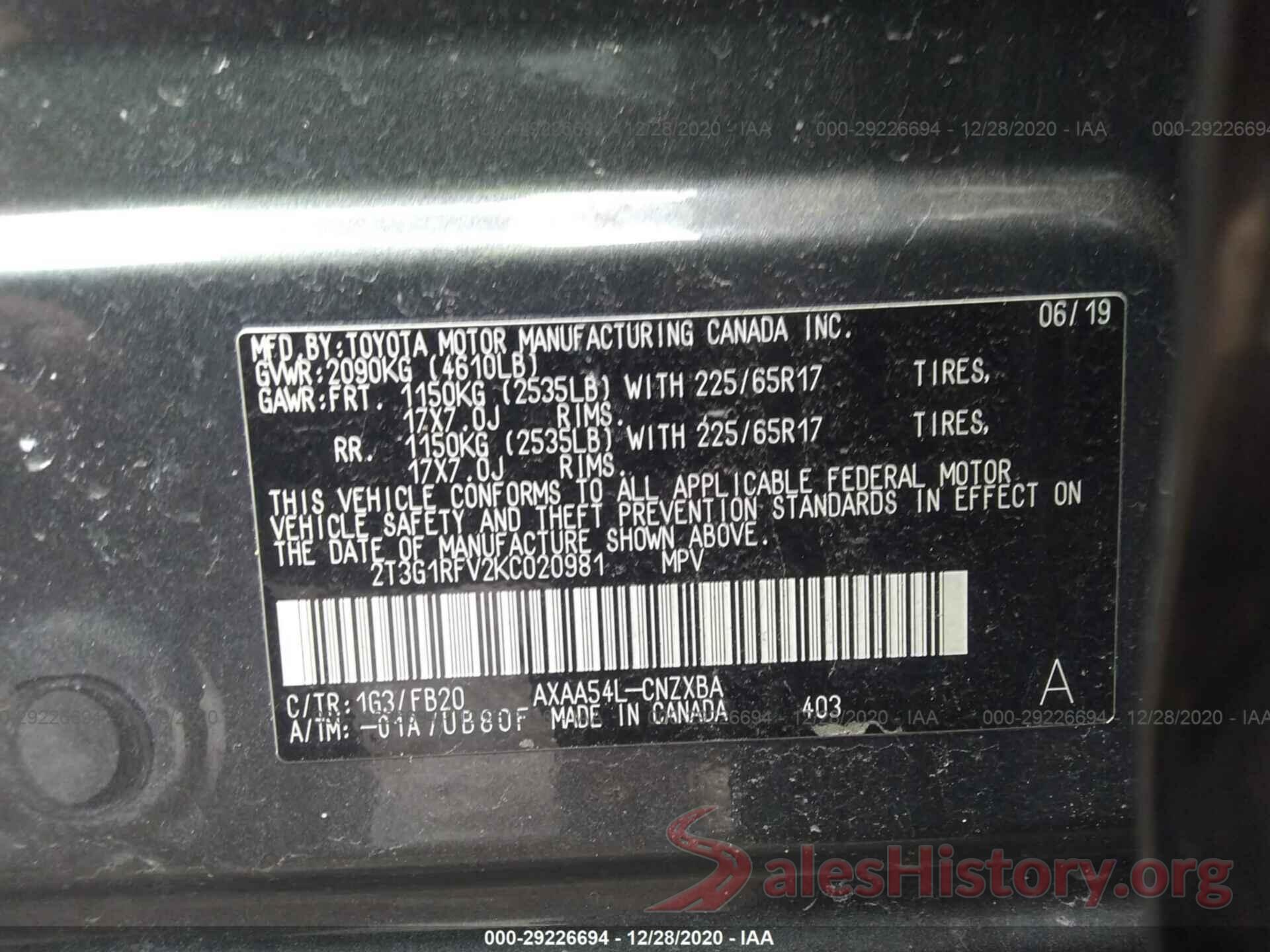 2T3G1RFV2KC020981 2019 TOYOTA RAV4