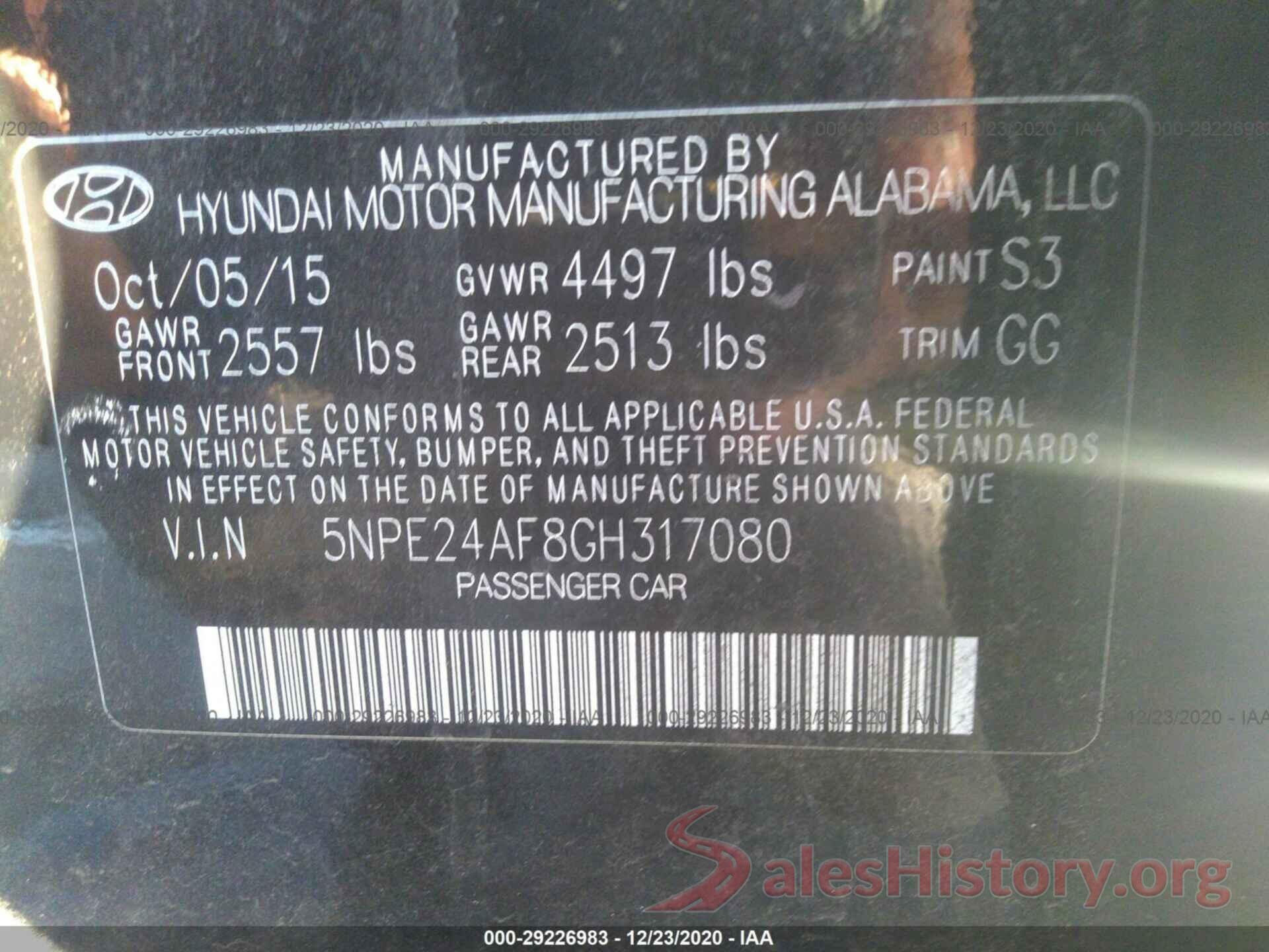 5NPE24AF8GH317080 2016 HYUNDAI SONATA