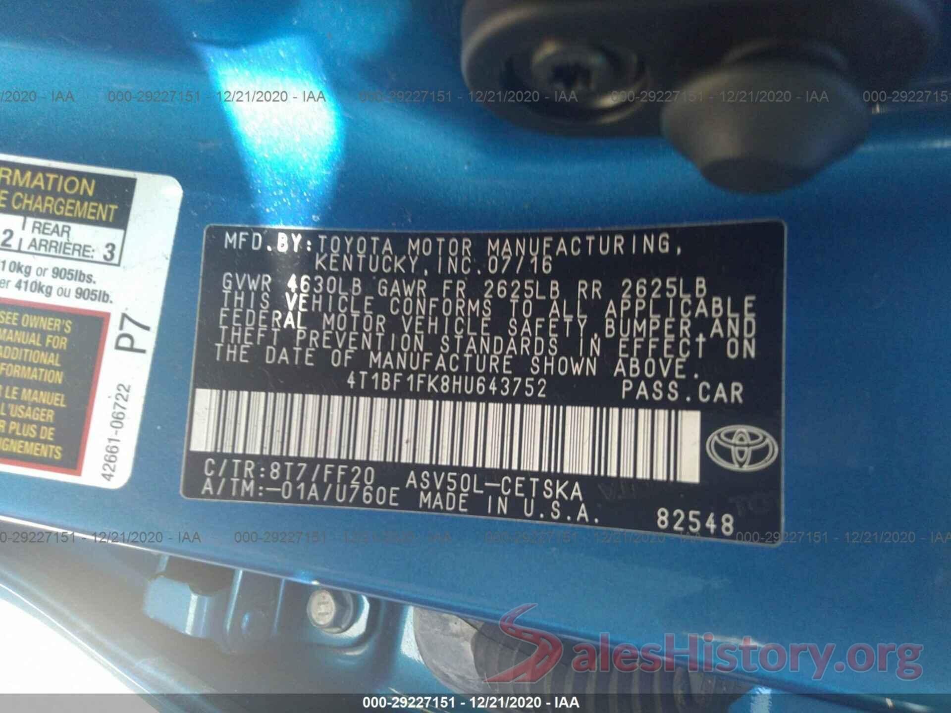 4T1BF1FK8HU643752 2017 TOYOTA CAMRY