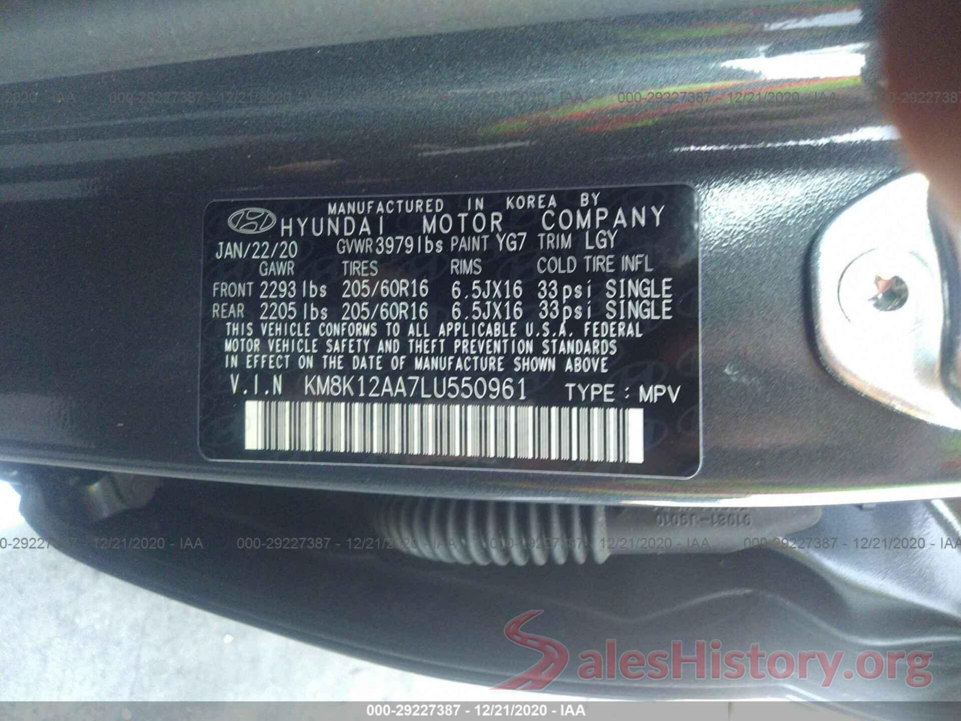 KM8K12AA7LU550961 2020 HYUNDAI KONA