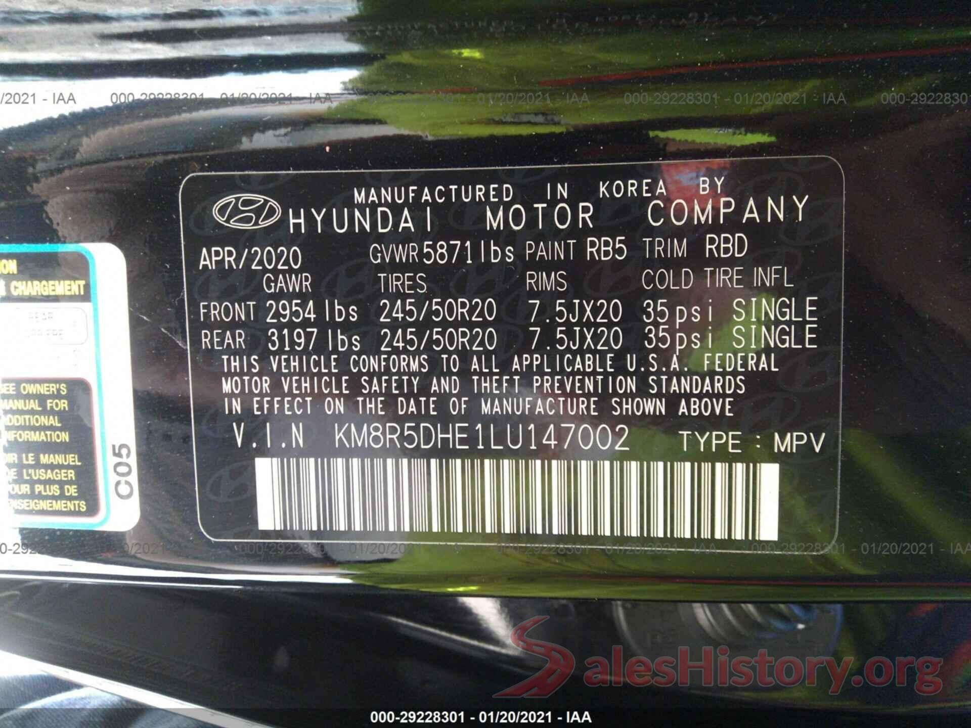 KM8R5DHE1LU147002 2020 HYUNDAI PALISADE