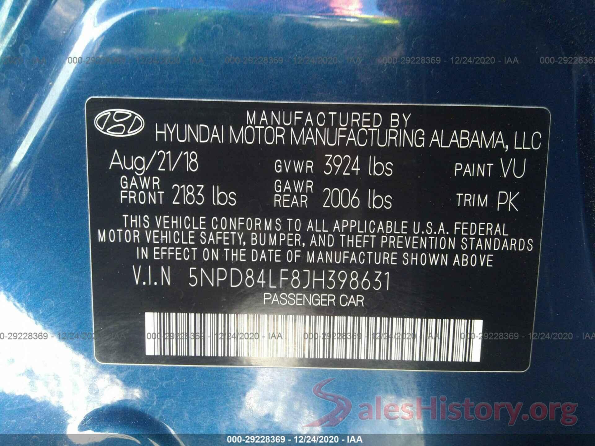 5NPD84LF8JH398631 2018 HYUNDAI ELANTRA