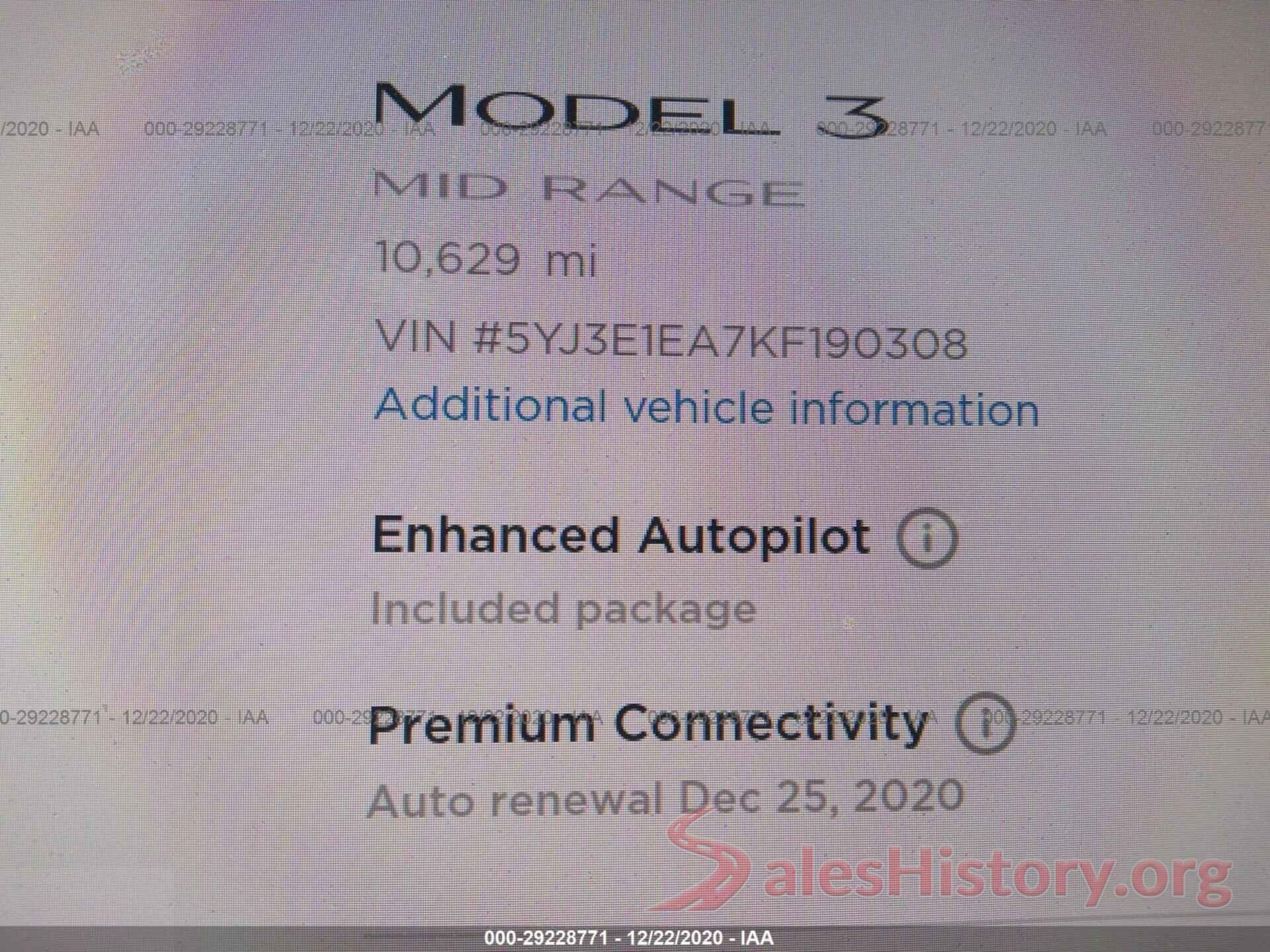 5YJ3E1EA7KF190308 2019 TESLA MODEL 3