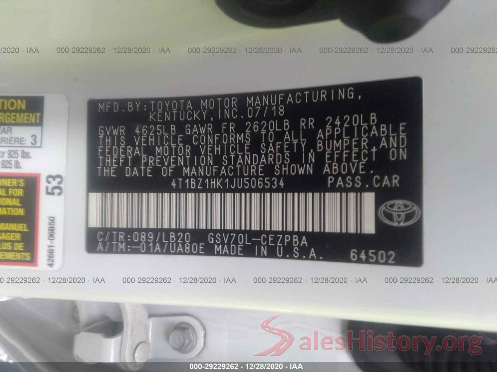 4T1BZ1HK1JU506534 2018 TOYOTA CAMRY