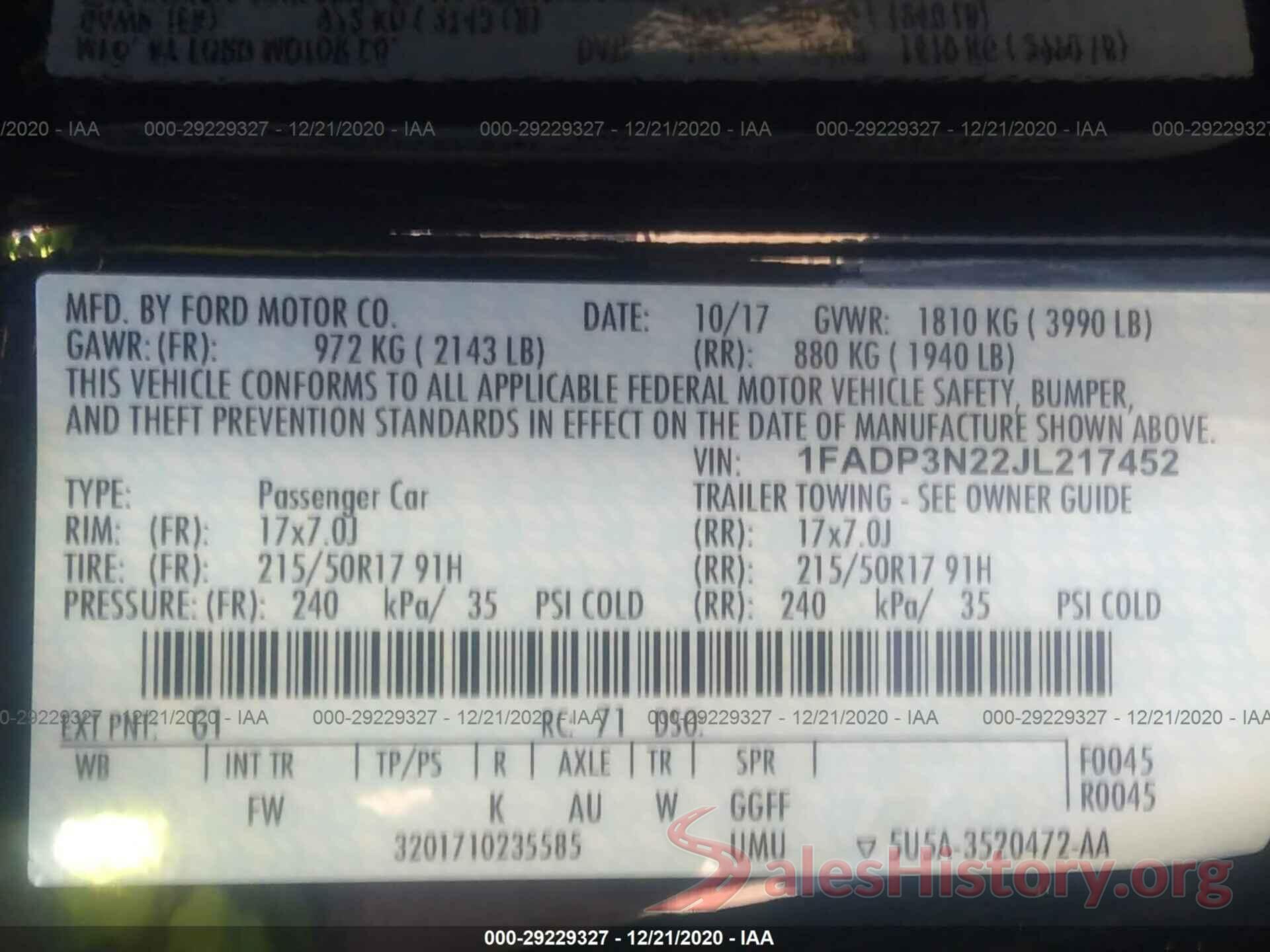 1FADP3N22JL217452 2018 FORD FOCUS