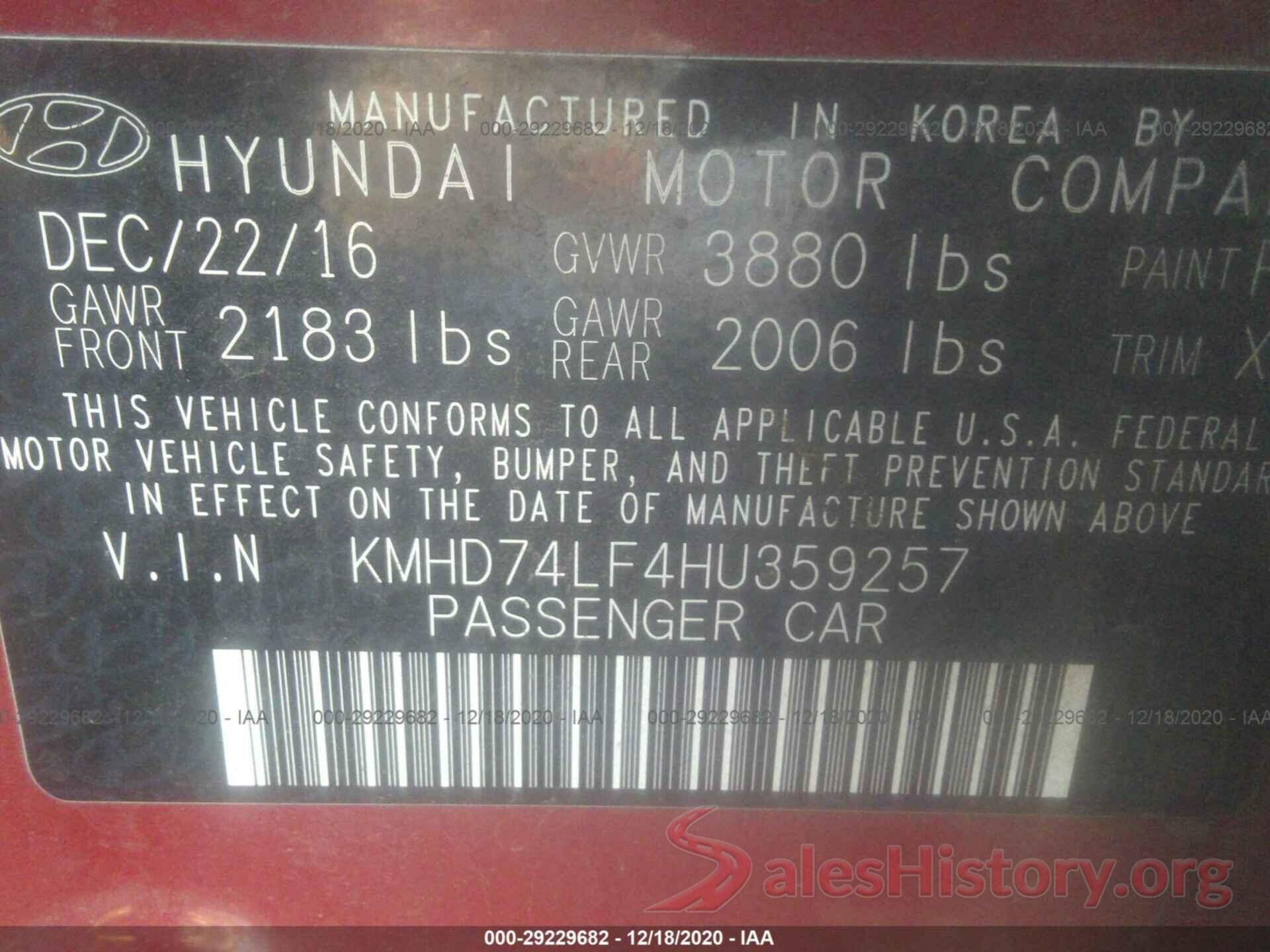 KMHD74LF4HU359257 2017 HYUNDAI ELANTRA