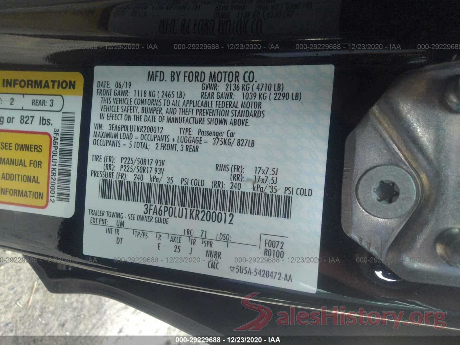 3FA6P0LU1KR200012 2019 FORD FUSION HYBRID