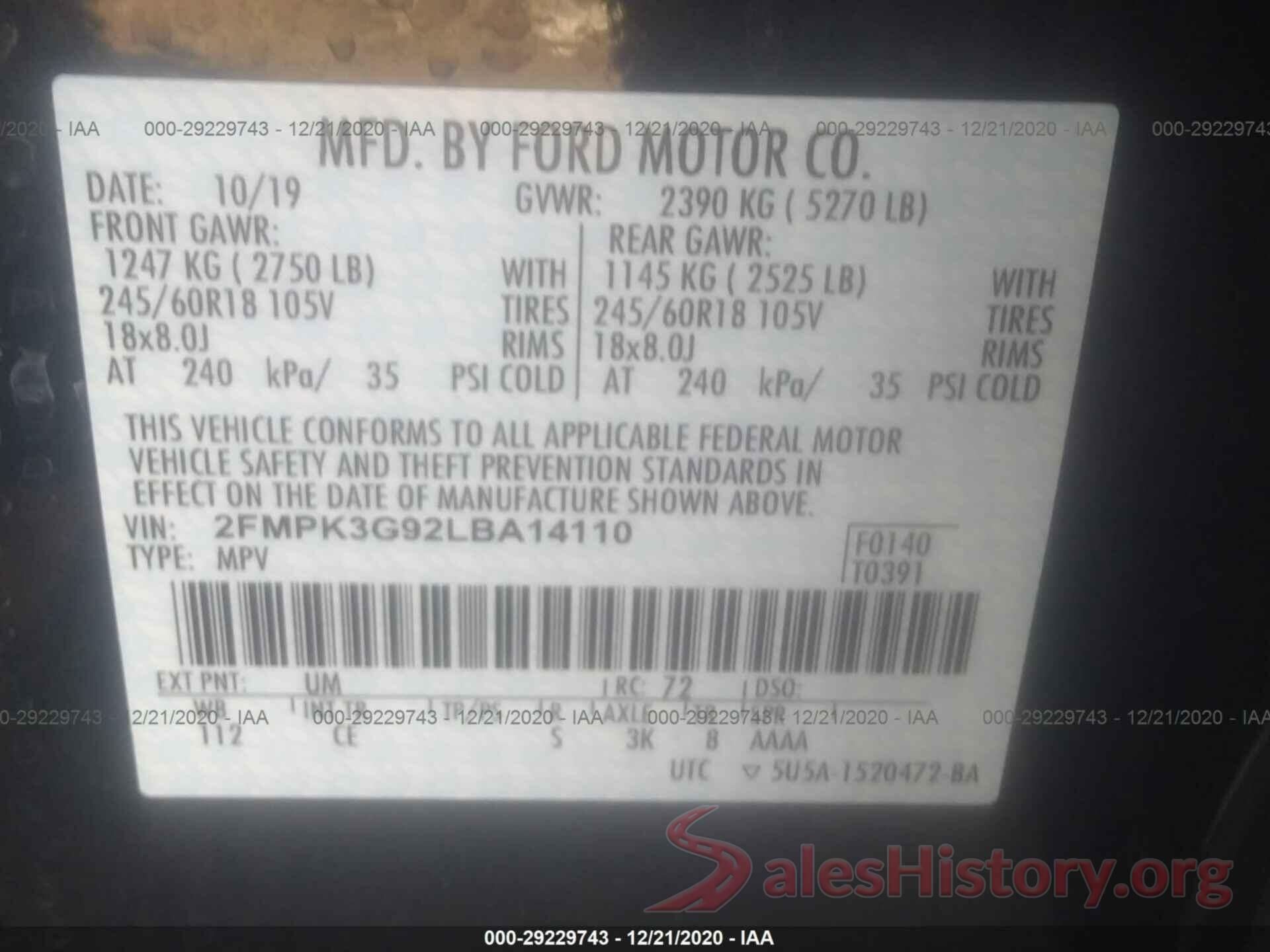 2FMPK3G92LBA14110 2020 FORD EDGE