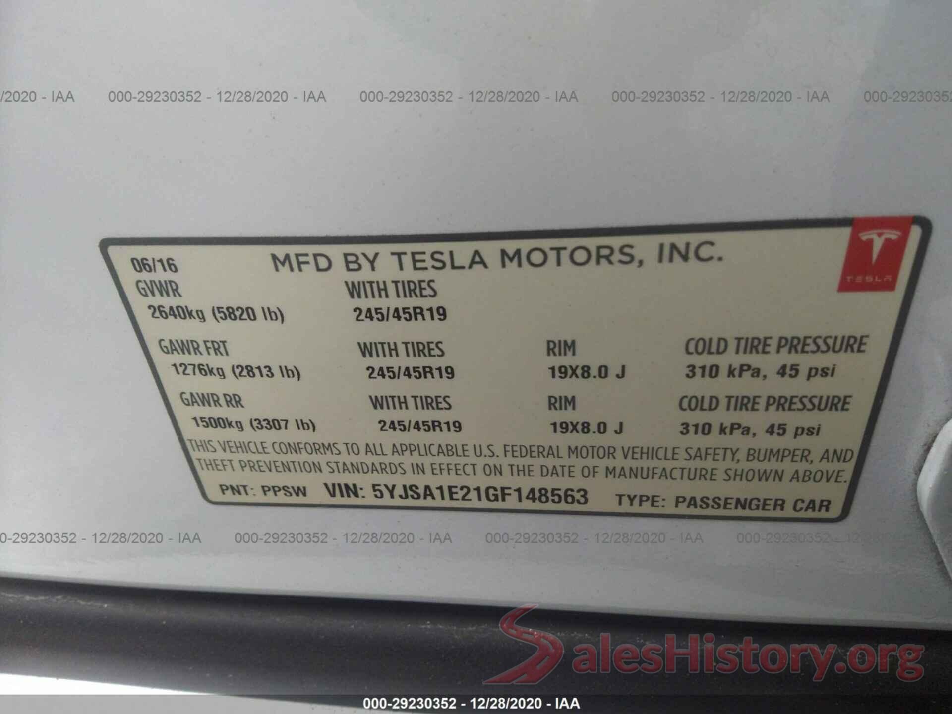 5YJSA1E21GF148563 2016 TESLA MODEL S