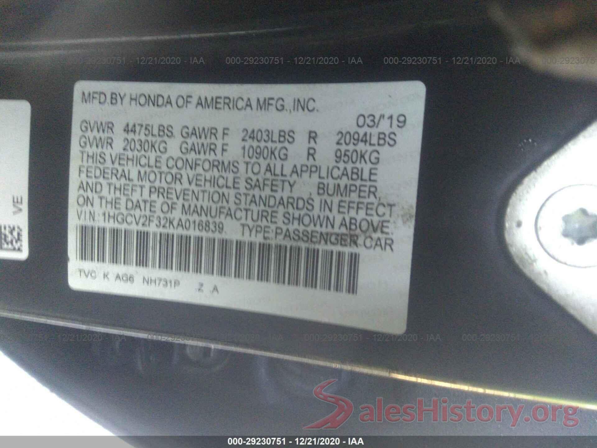 1HGCV2F32KA016839 2019 HONDA ACCORD SEDAN