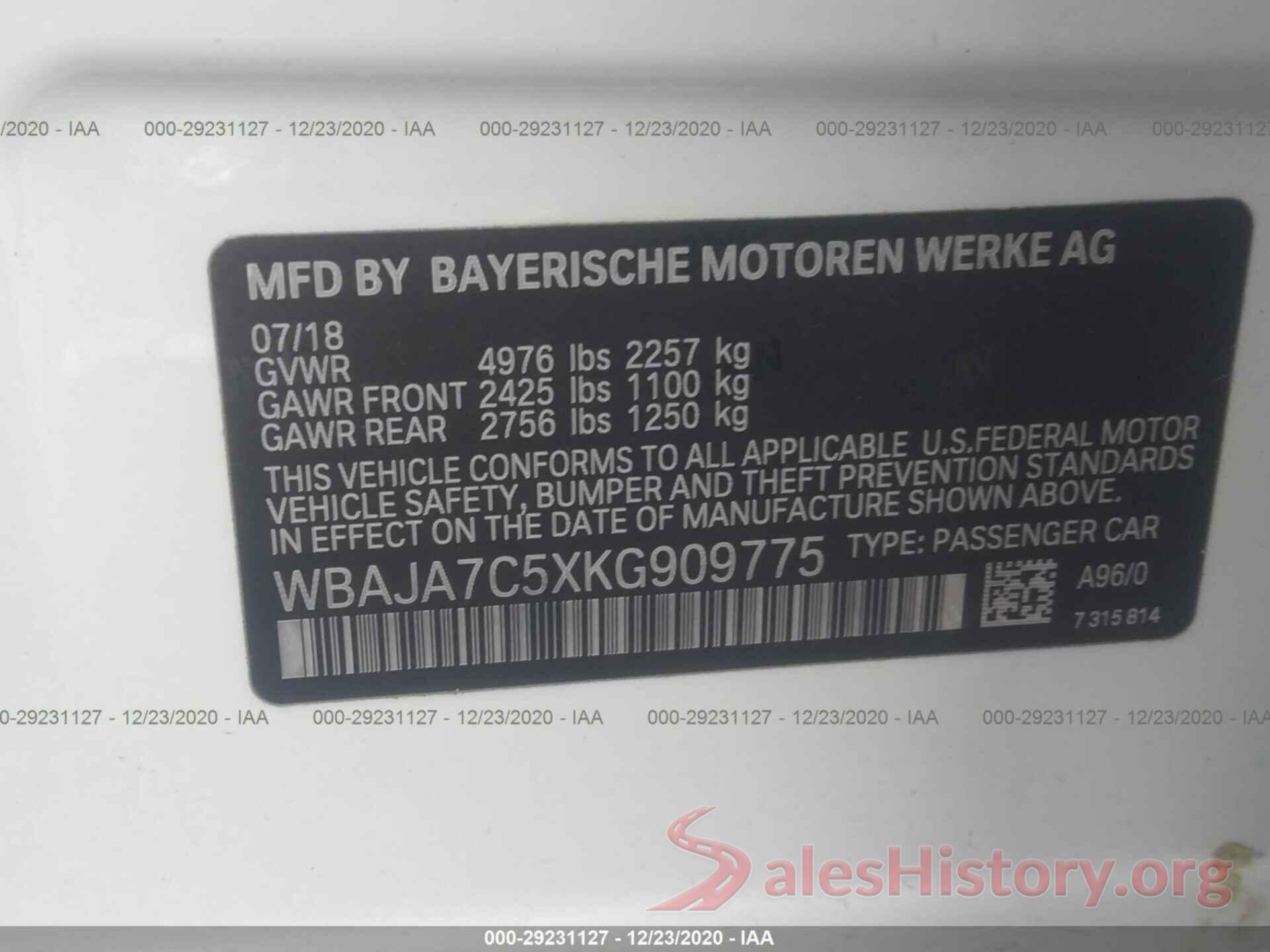 WBAJA7C5XKG909775 2019 BMW 5 SERIES