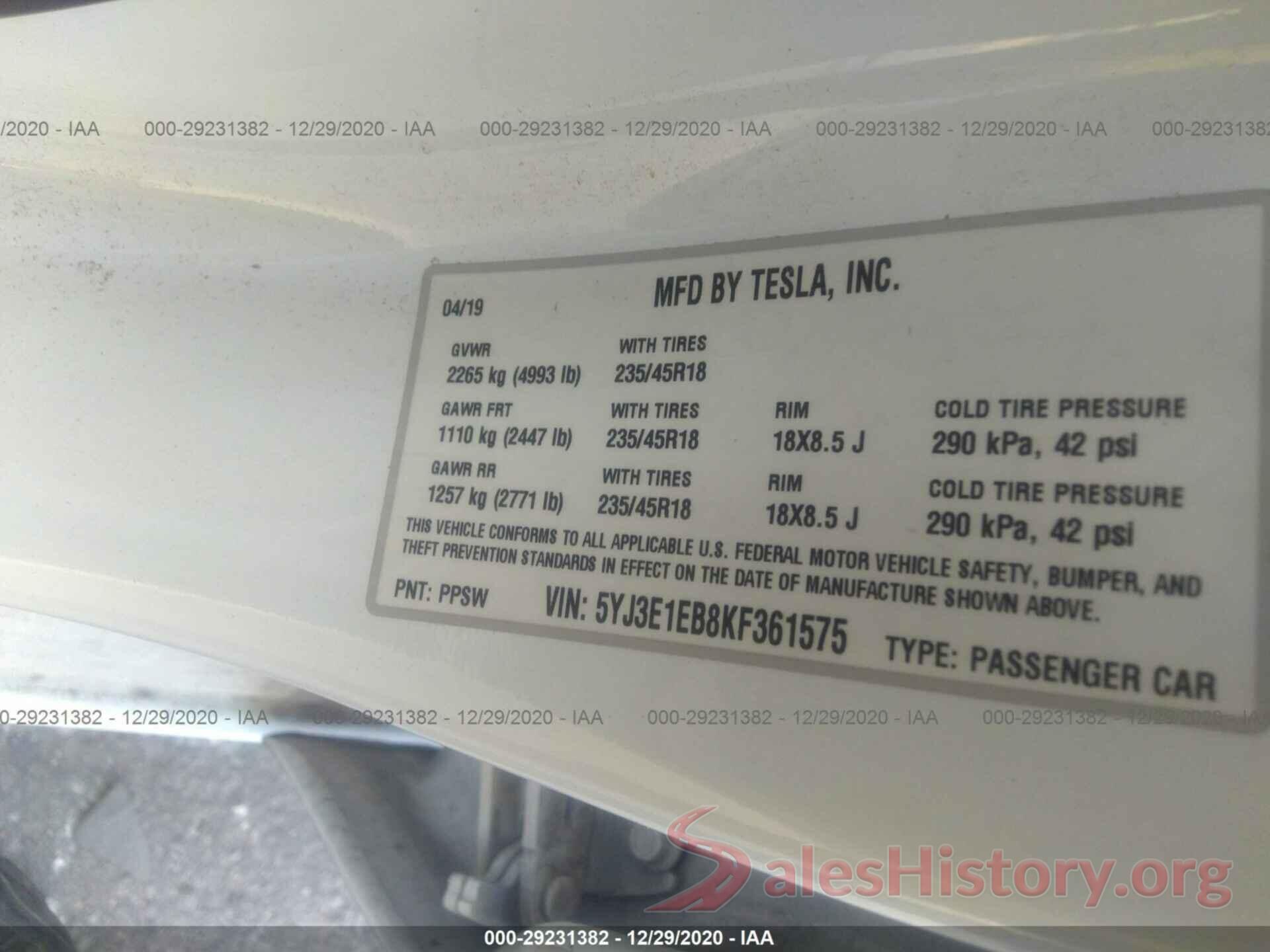 5YJ3E1EB8KF361575 2019 TESLA MODEL 3