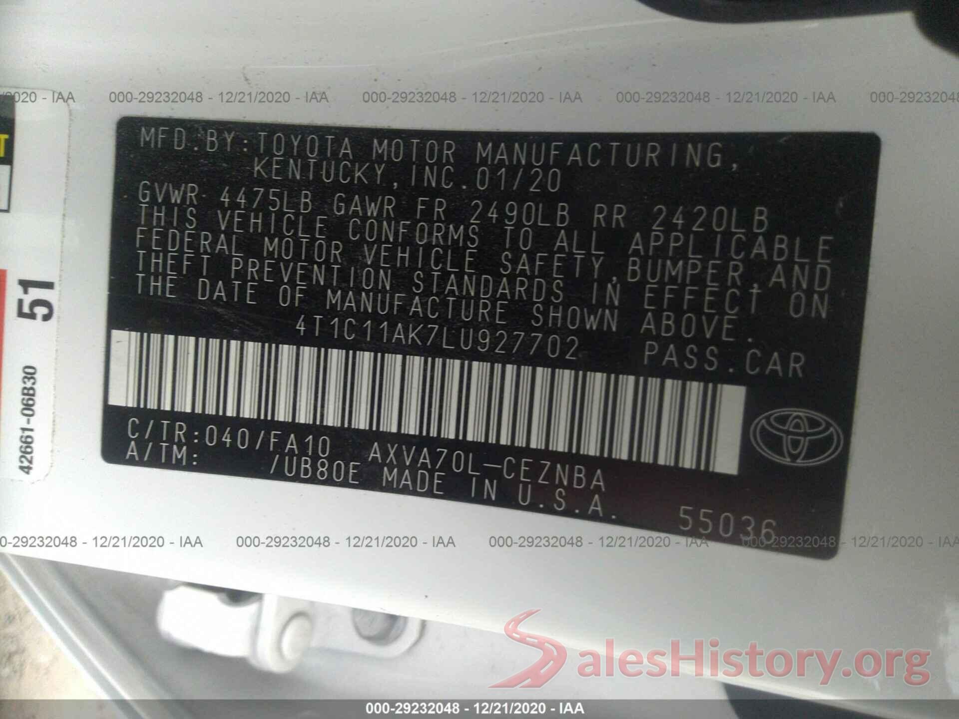 4T1C11AK7LU927702 2020 TOYOTA CAMRY