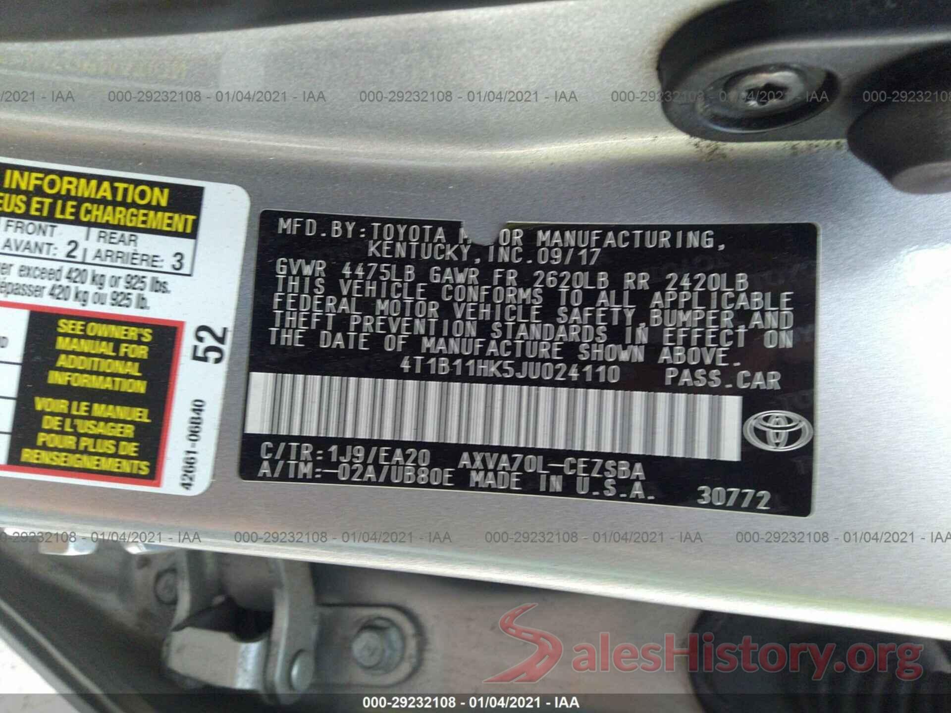 4T1B11HK5JU024110 2018 TOYOTA CAMRY