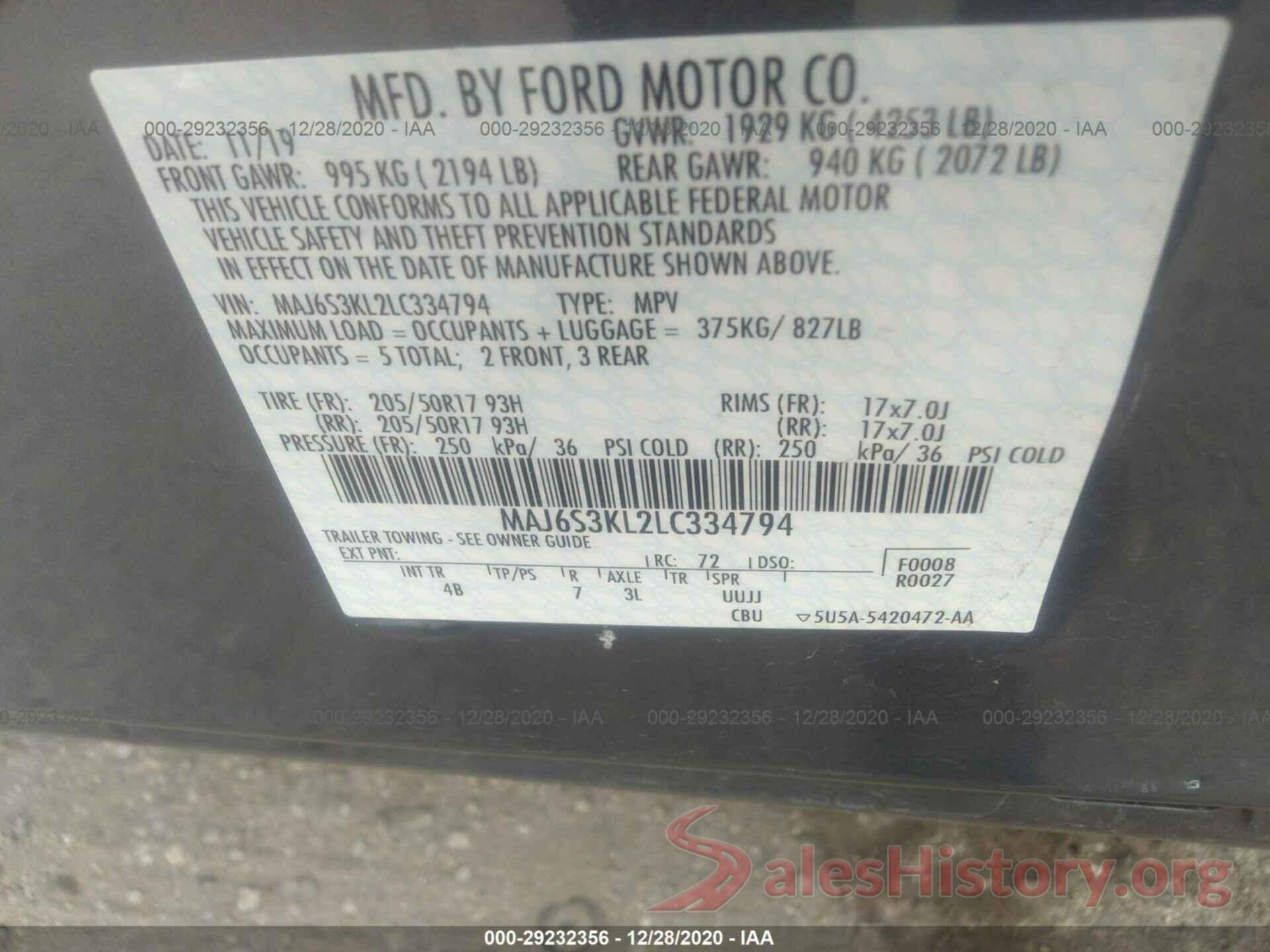 MAJ6S3KL2LC334794 2020 FORD ECOSPORT