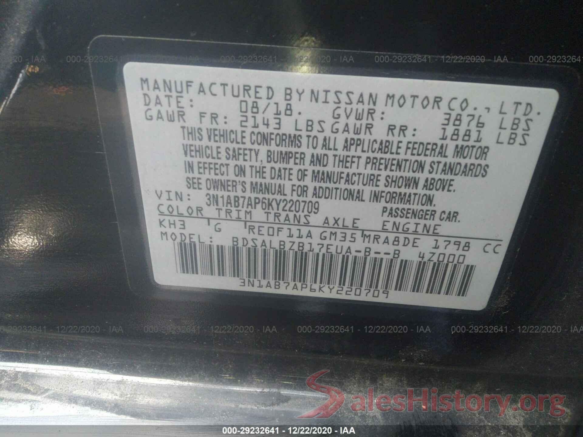 3N1AB7AP6KY220709 2019 NISSAN SENTRA