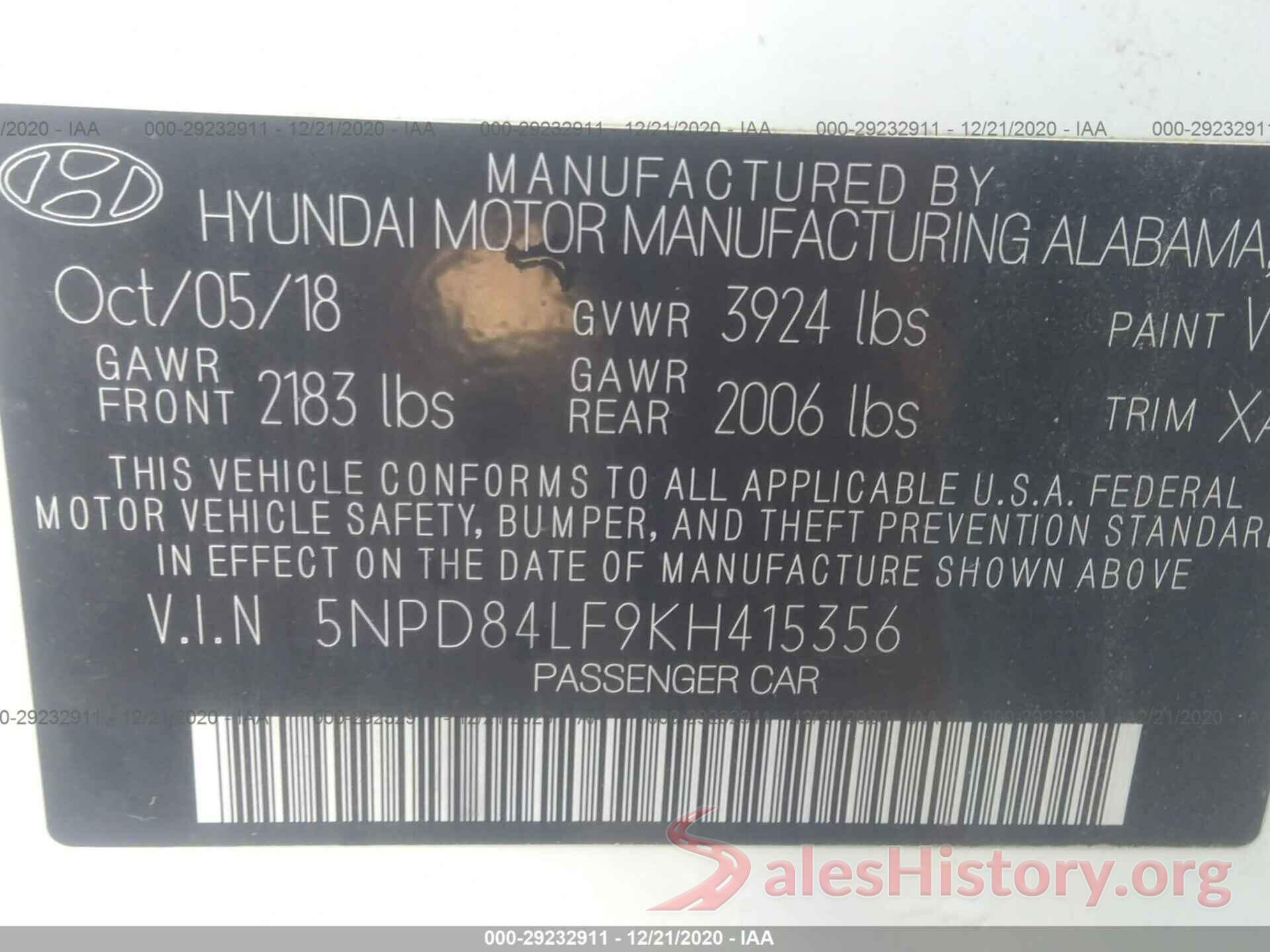 5NPD84LF9KH415356 2019 HYUNDAI ELANTRA