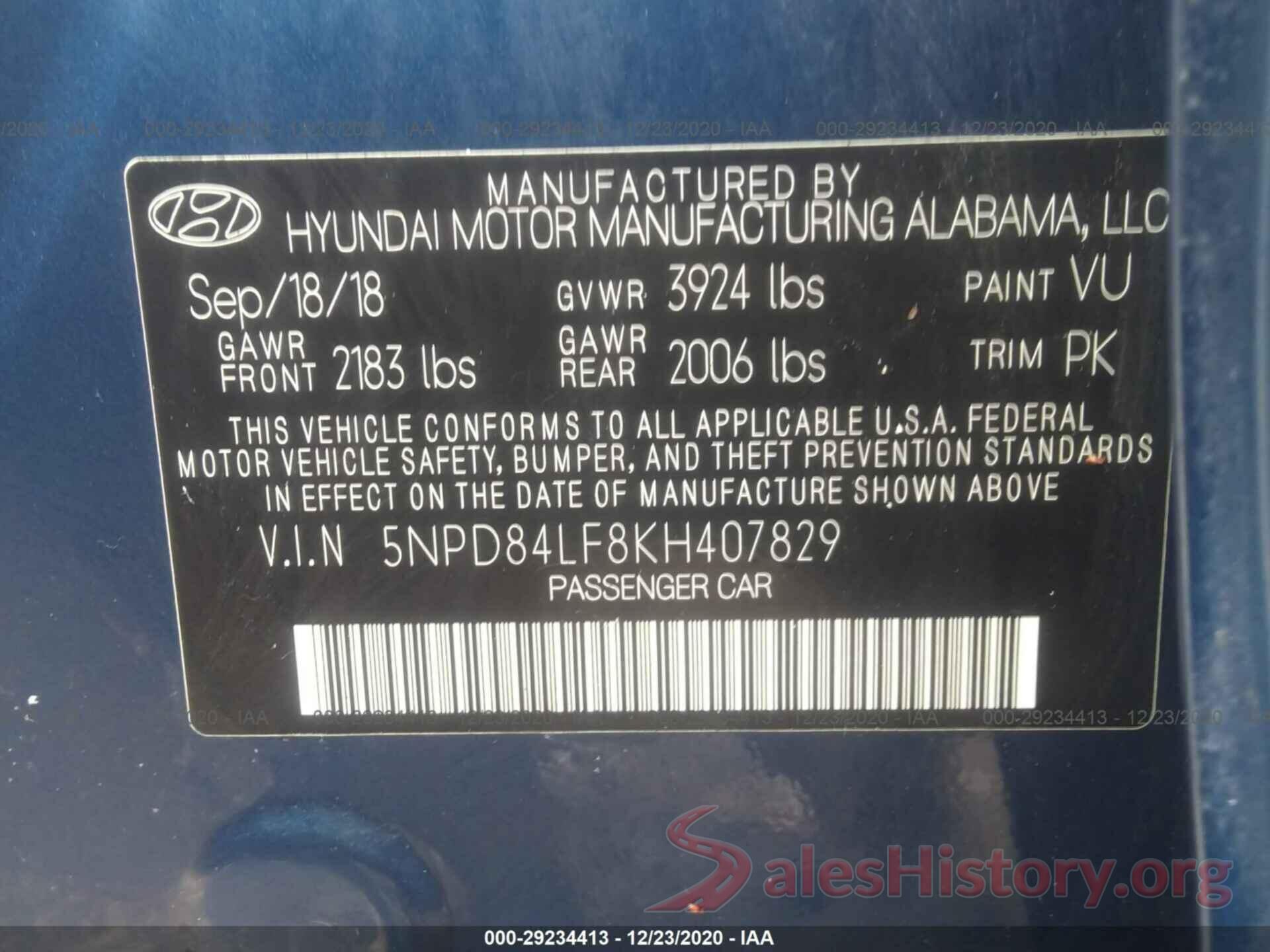 5NPD84LF8KH407829 2019 HYUNDAI ELANTRA