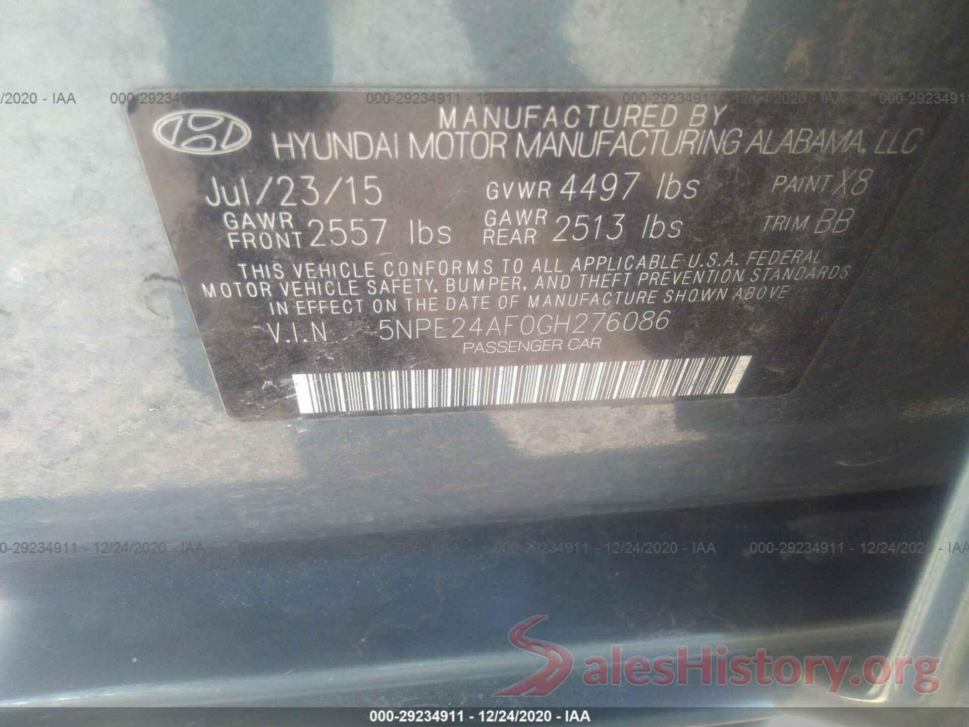 5NPE24AF0GH276086 2016 HYUNDAI SONATA