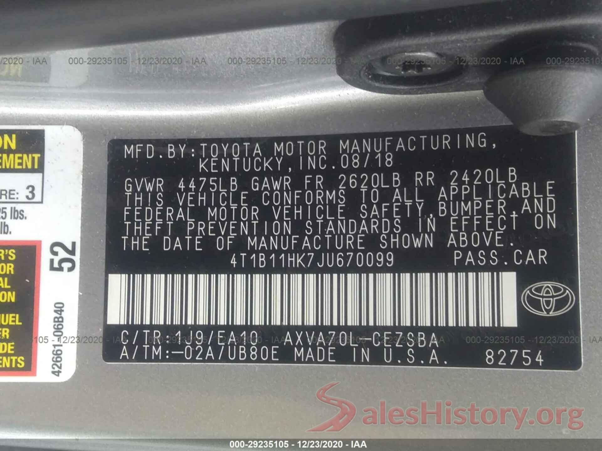 4T1B11HK7JU670099 2018 TOYOTA CAMRY