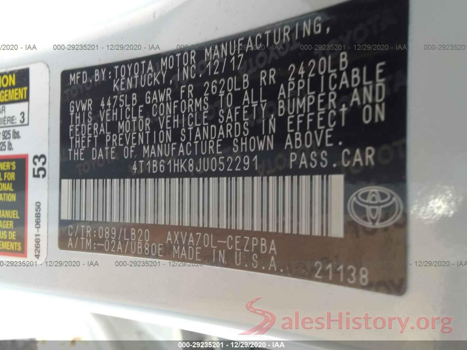 4T1B61HK8JU052291 2018 TOYOTA CAMRY