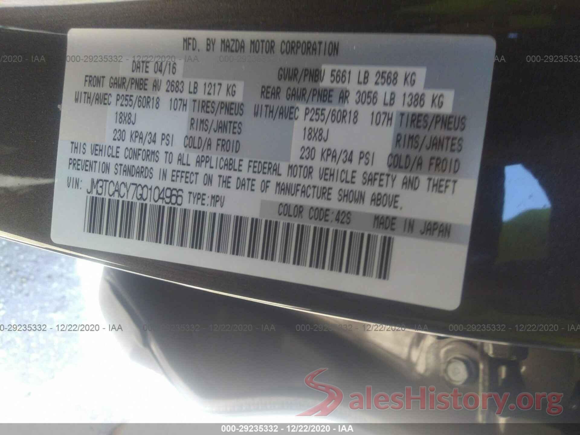 JM3TCACY7G0104966 2016 MAZDA CX-9